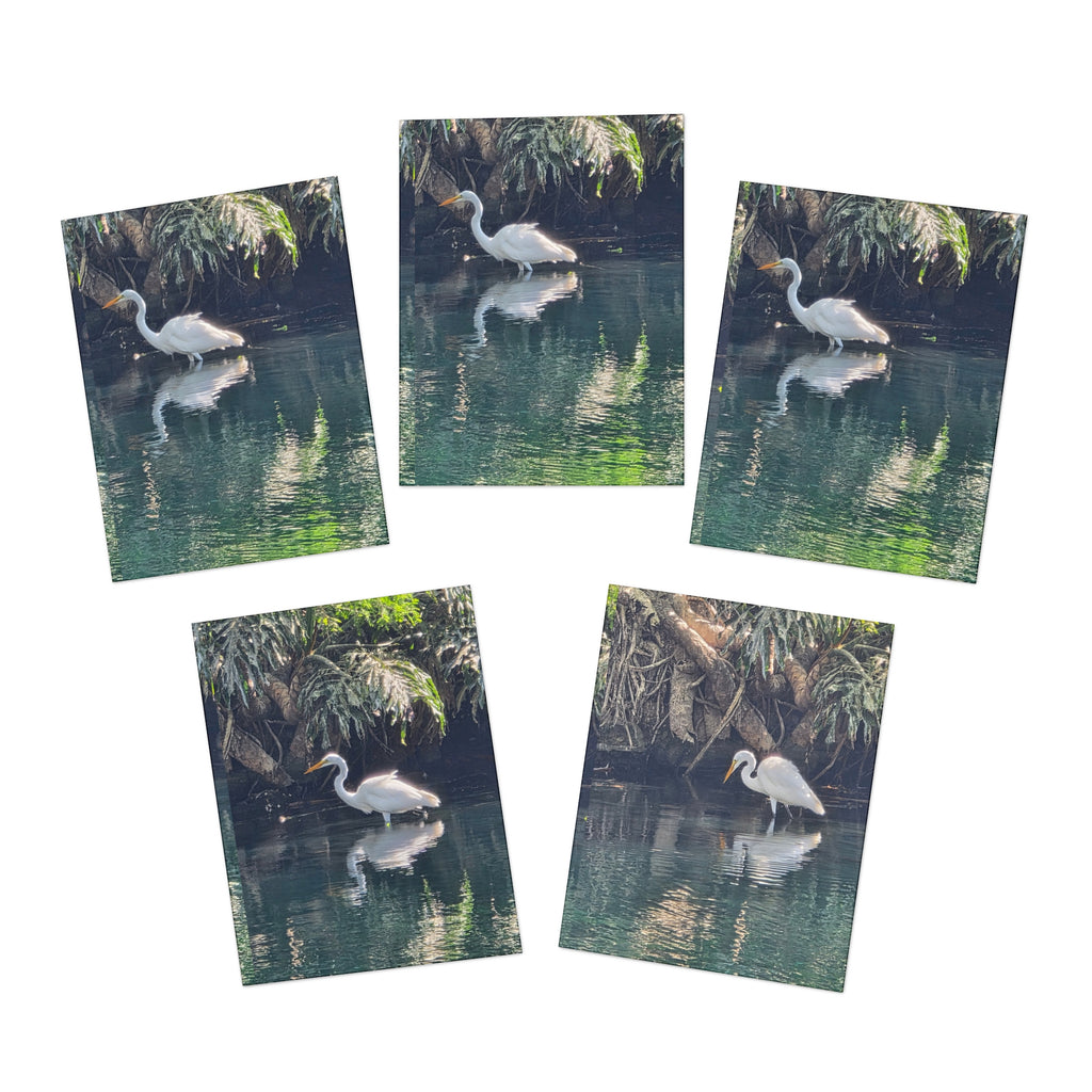 Great Egret Reflection Note Cards – Serene Water Bird Photography Set of 5