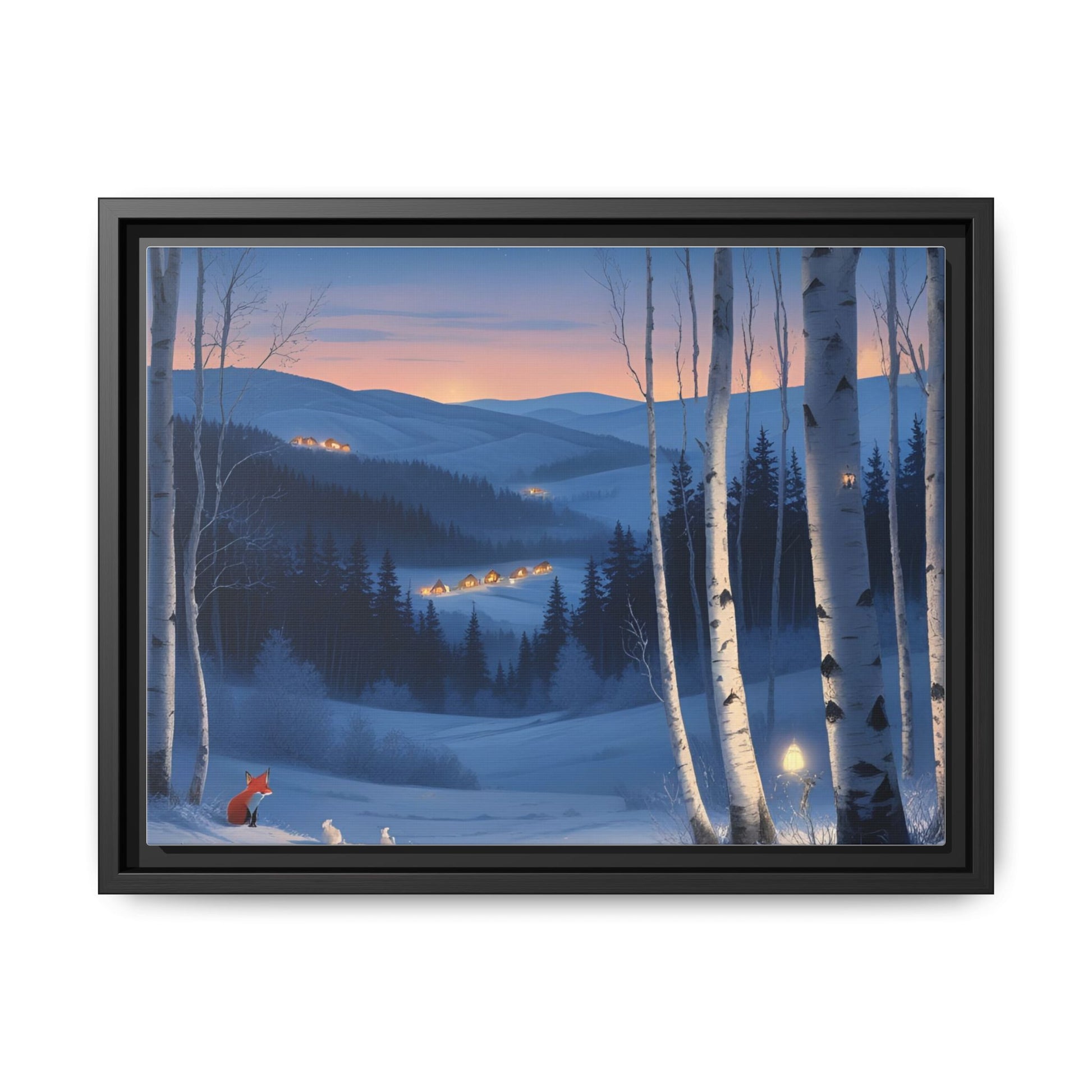 Snowy Forest Scene with Fox and Cabin Lights - Framed Winter Landscape Artwork