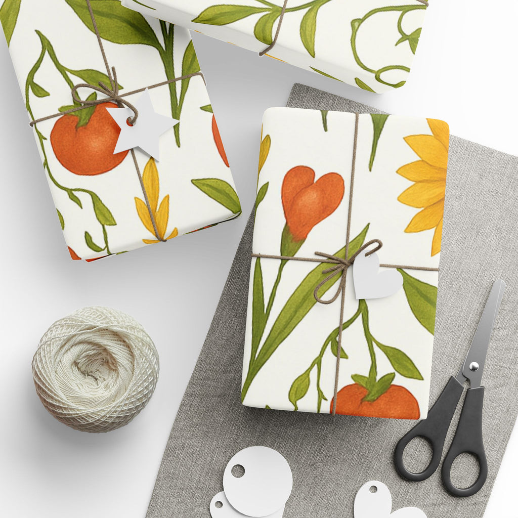 Sunflowers, Tomatoes & Autumn Harvest Botanical Wrapping Paper – Bright Seasonal Gift Wrap