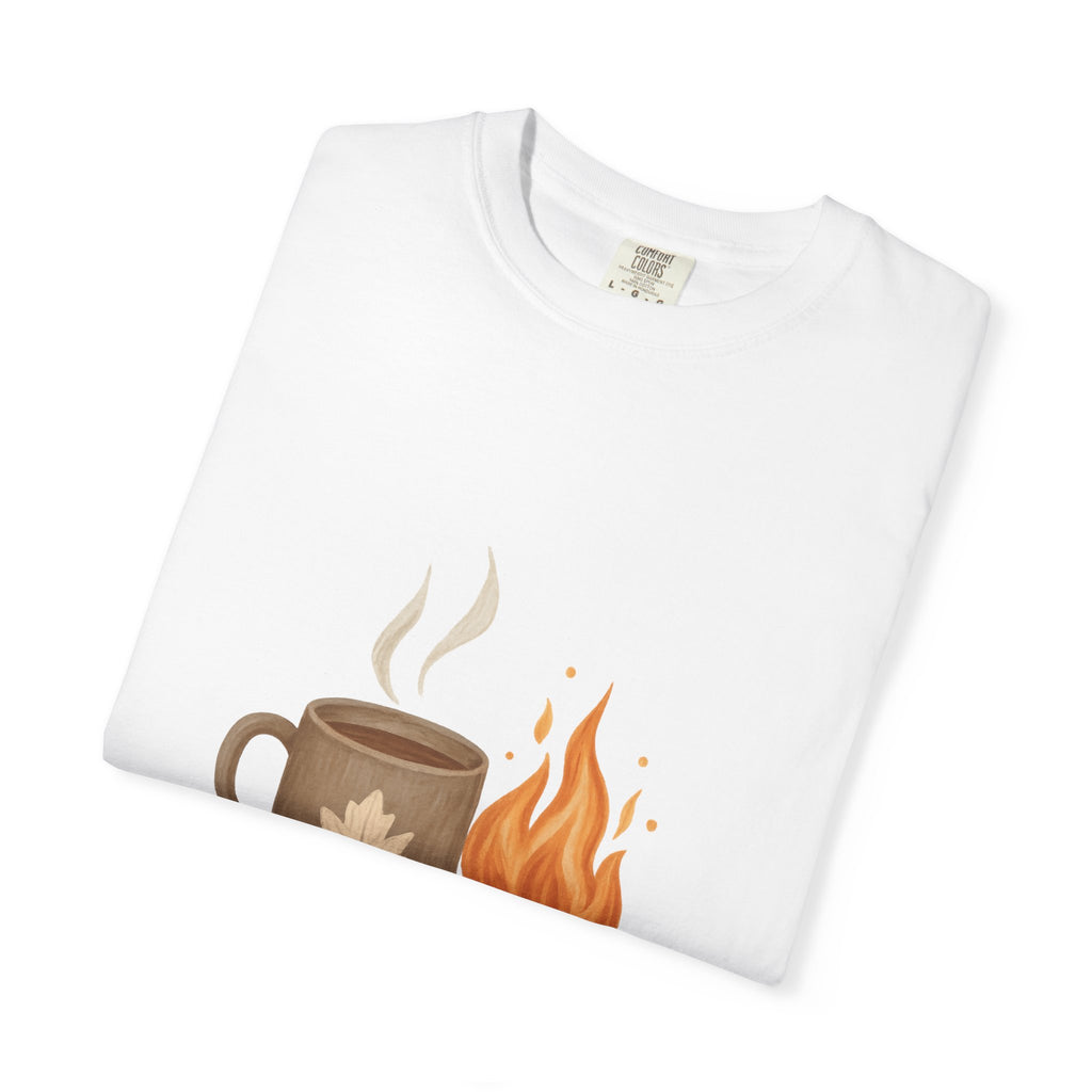 Cozy Autumn Campfire & Mug T-Shirt – Fall Coffee Tee for Outdoor Lovers, Adult Fall Apparel