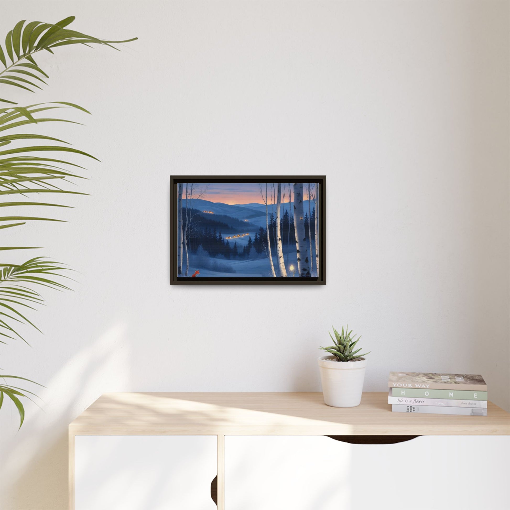 Snowy Forest Scene with Fox and Cabin Lights - Framed Winter Landscape Artwork