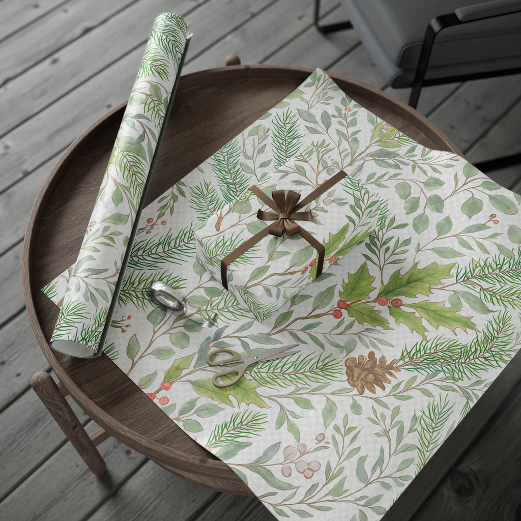 Whispers of Winter Botanical Wrapping Paper – Elegant Evergreen and Berry Christmas Gift Wrap – Ana