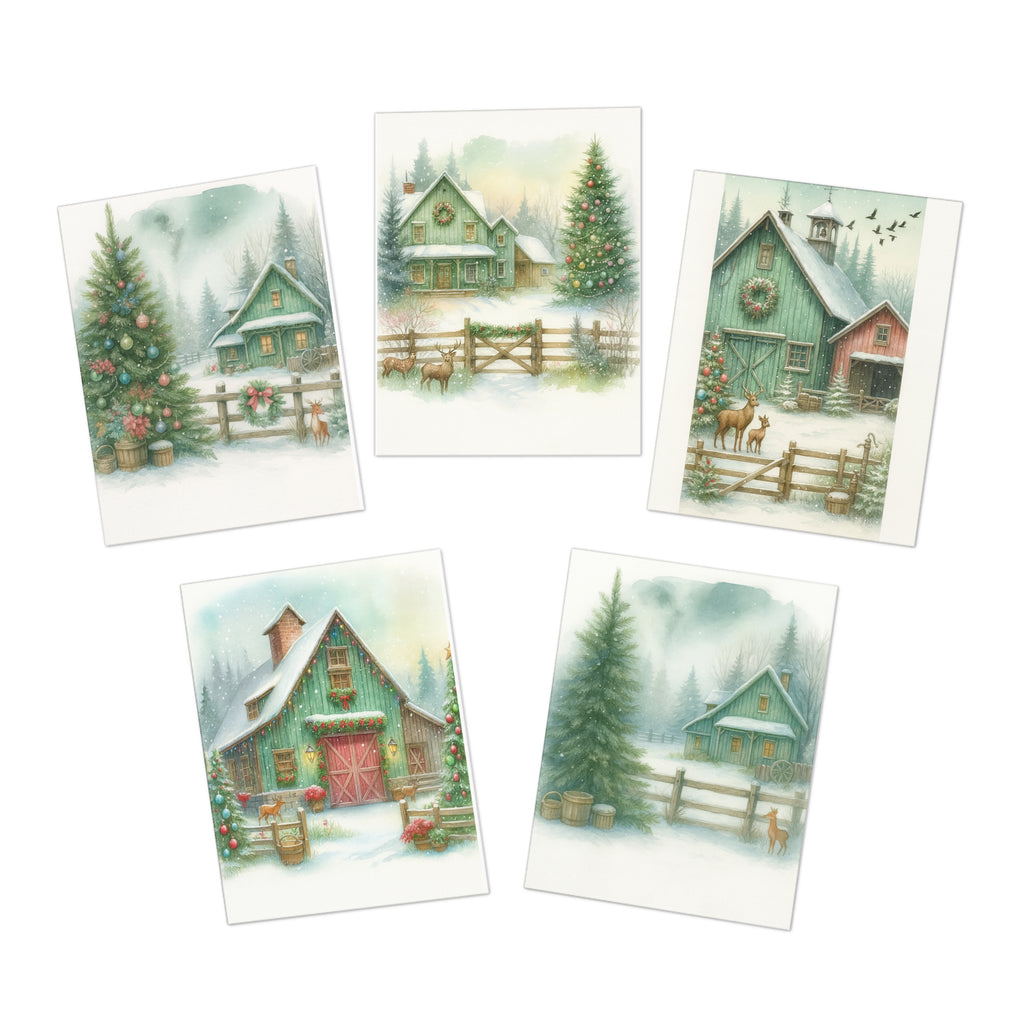 Green Farmhouse Winter Greeting Card – Peaceful Snowy Cabin Scene – Illustrated by Yvonne van der Kamp-Dulkis