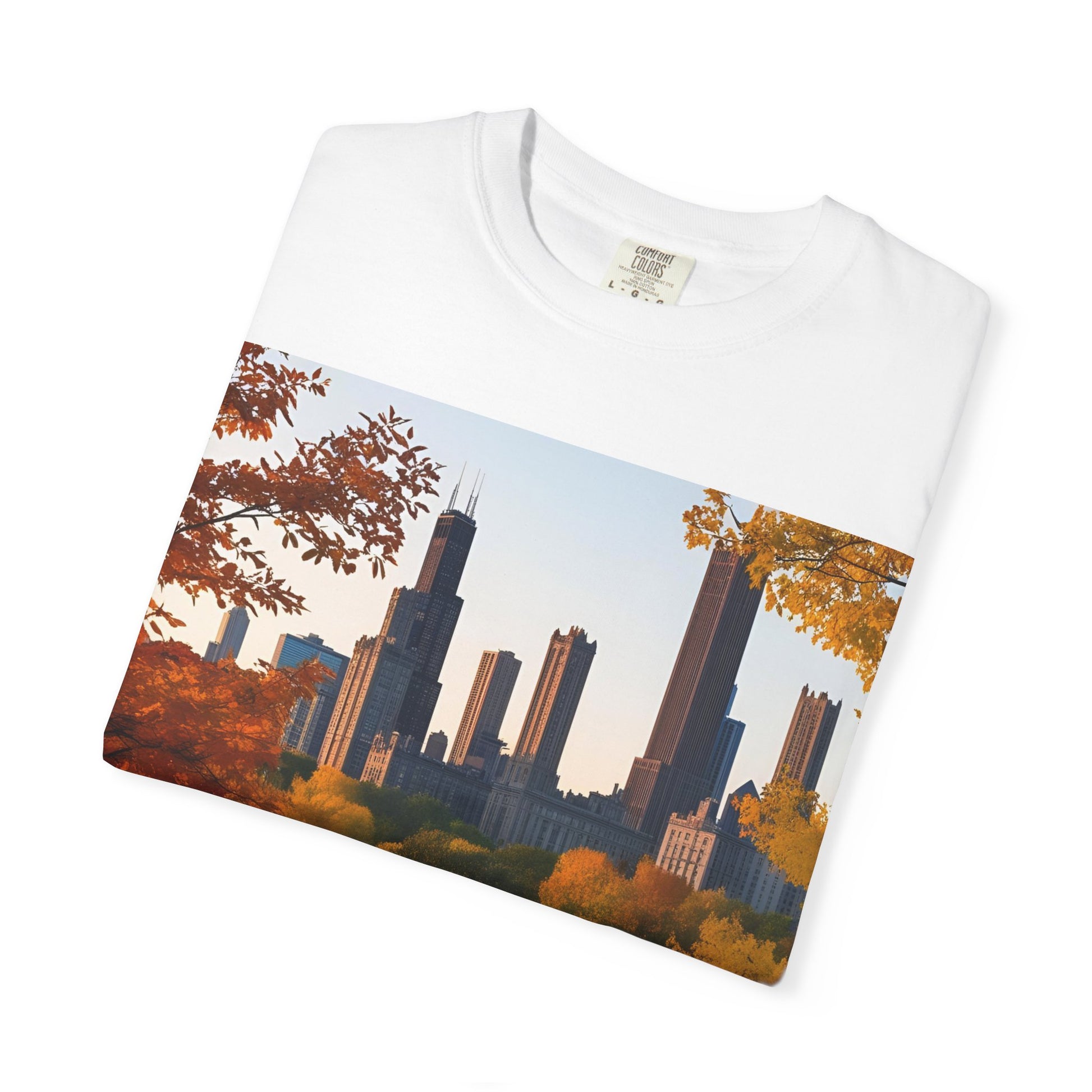 Cityscape Fall Unisex T-Shirt, Autumn Vibe Tee, Trendy Graphic Tee, Urban Nature Shirt, Comfortable Everyday Top