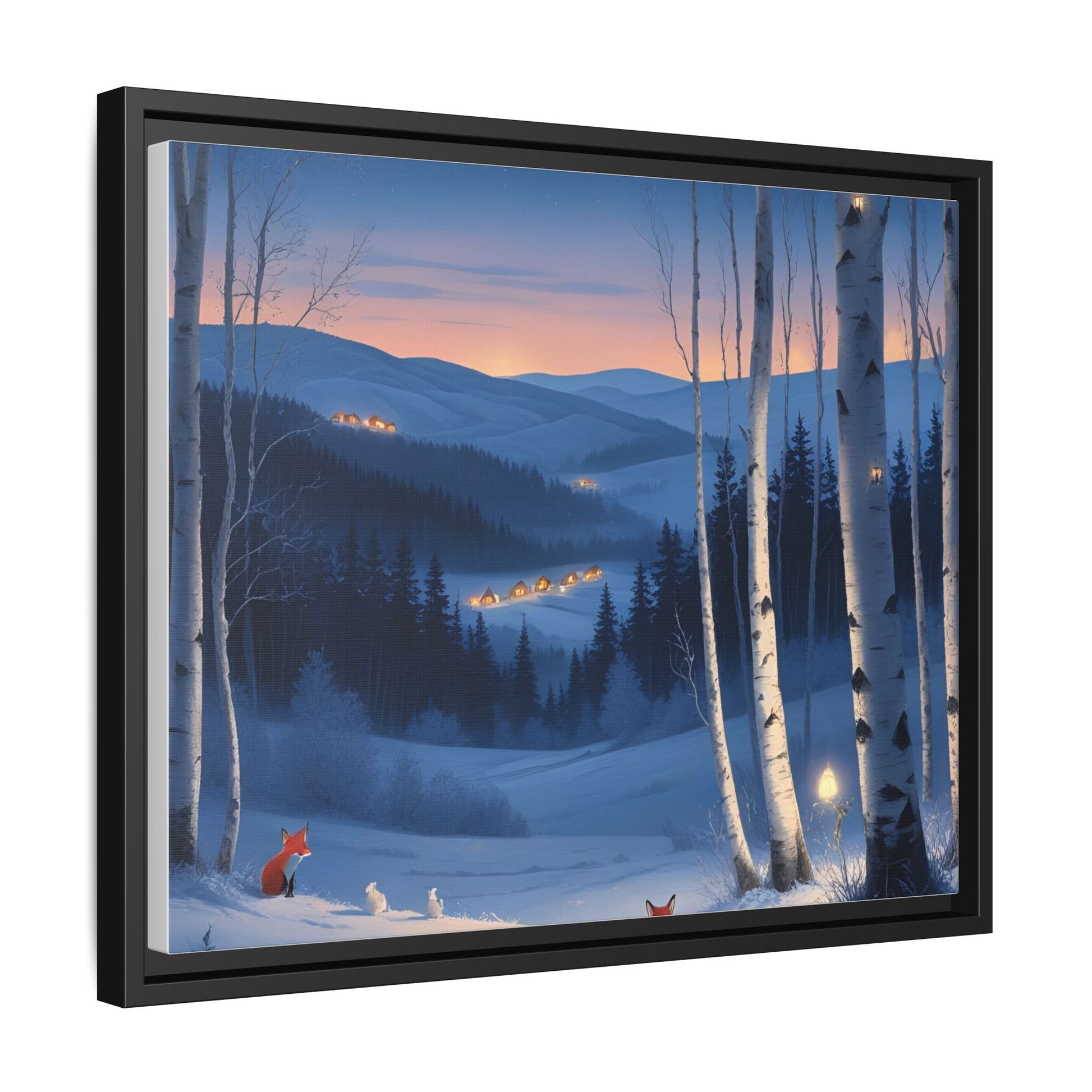 Snowy Forest Scene with Fox and Cabin Lights - Framed Winter Landscape Artwork