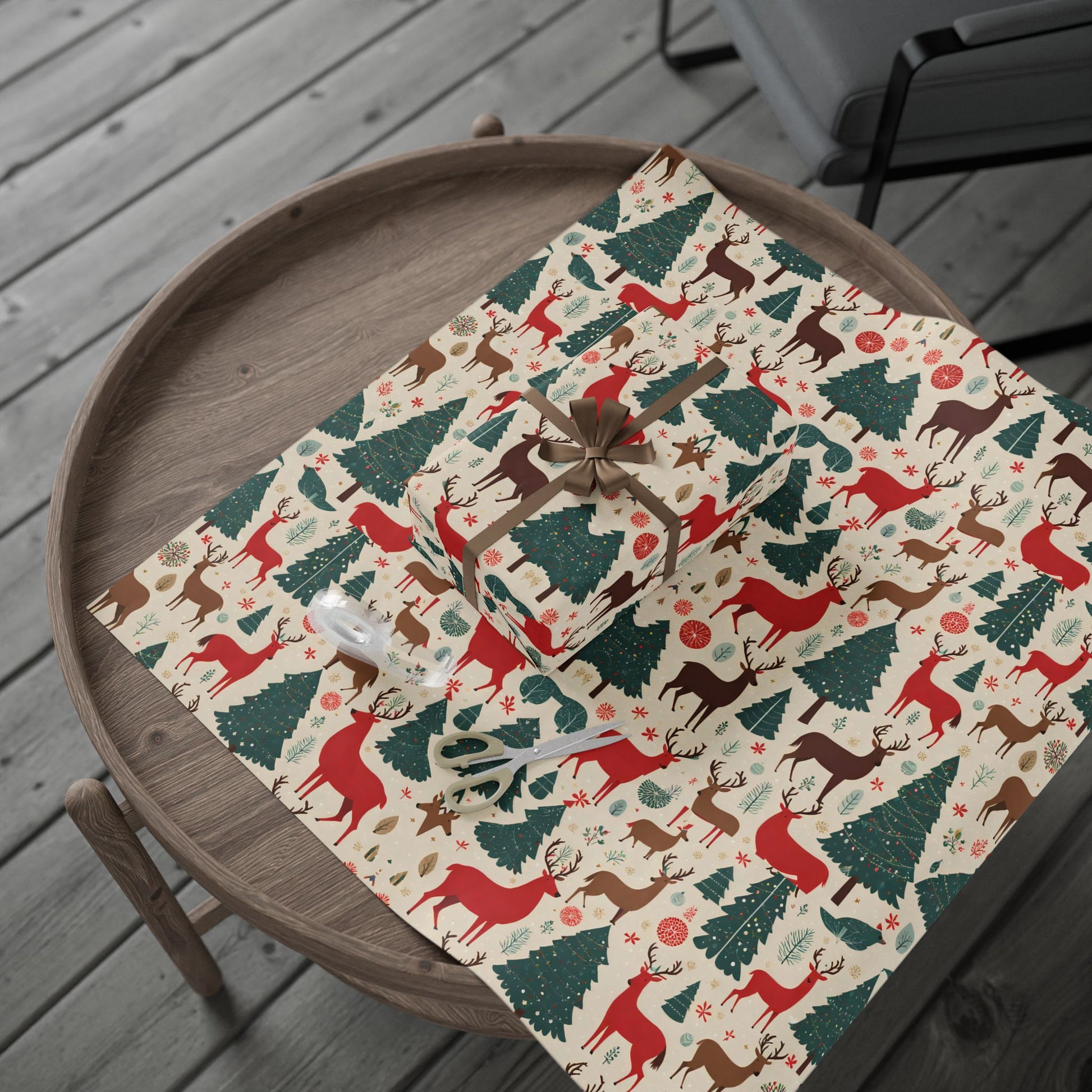 Woodland Reindeer and Evergreen Wrapping Paper – Rustic Christmas Forest Gift Wrap - As Designer