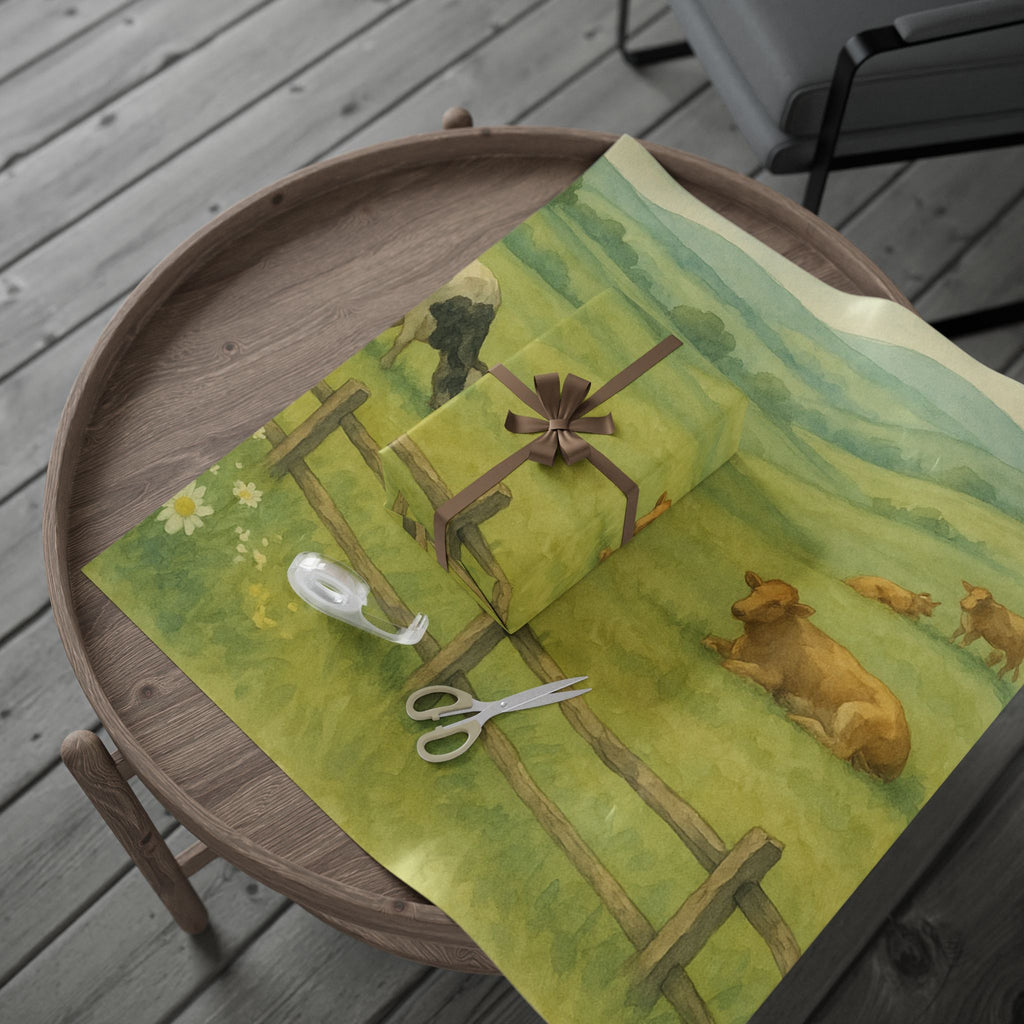 Pastoral Countryside Cow Print – Serene Farm Landscape | Paper Pleasures, Rustic Farm-Themed Wrapping Paper for Eco-Friendly Gifts
