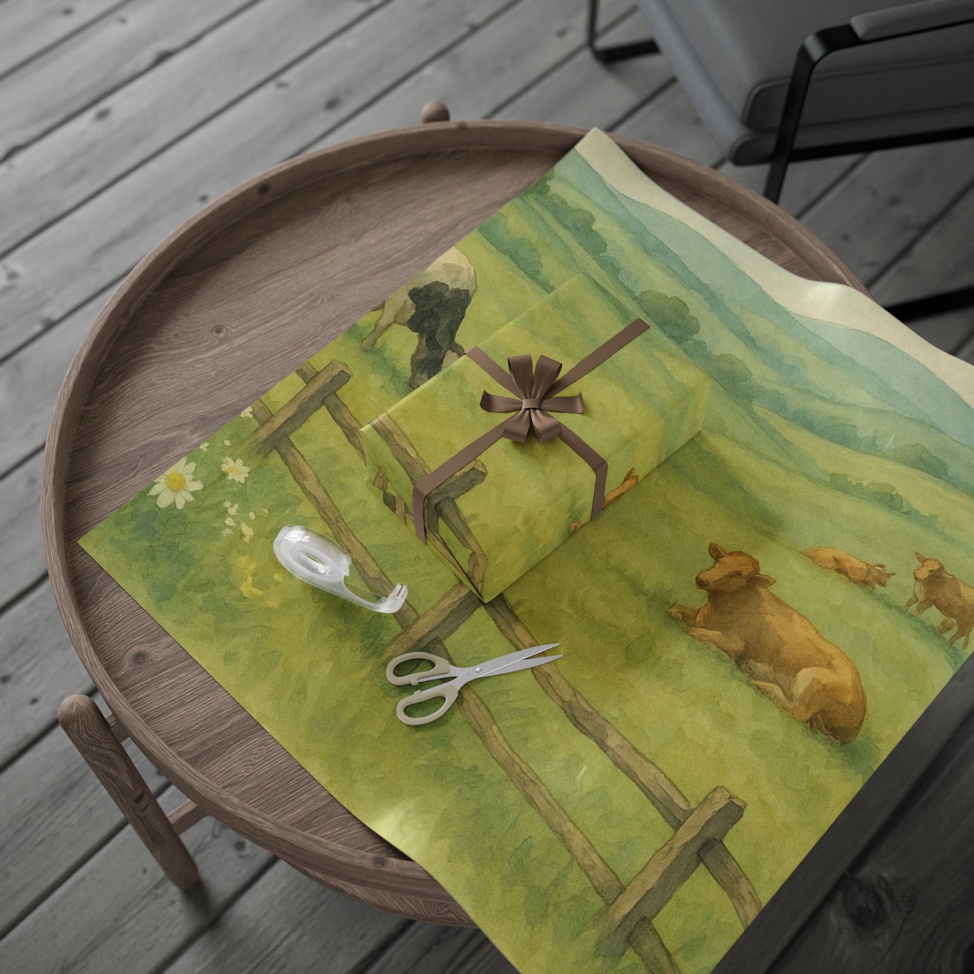 Pastoral Countryside Cow Print – Serene Farm Landscape | Paper Pleasures, Rustic Farm-Themed Wrapping Paper for Eco-Friendly Gifts