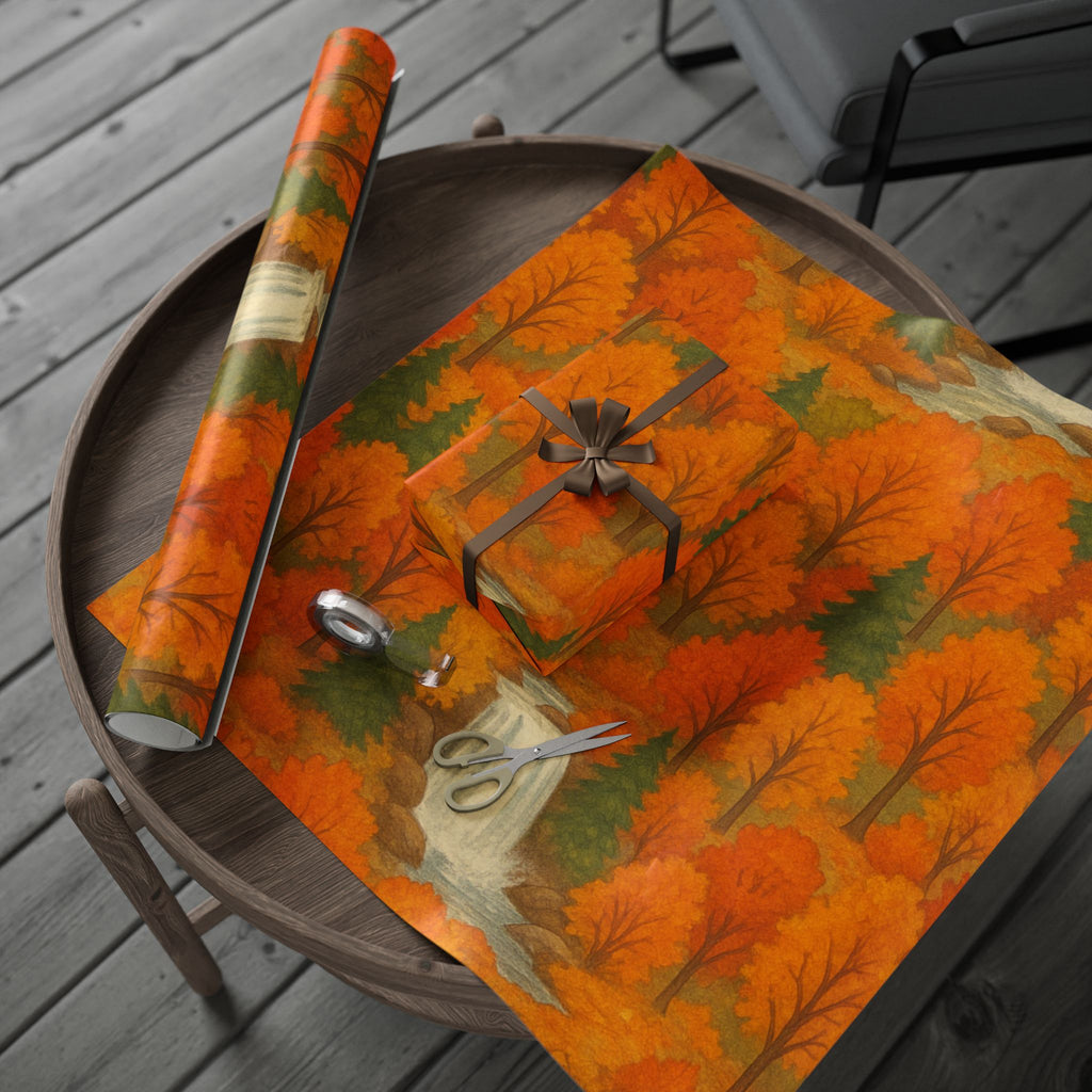 Decorative paper with autumn leaf pattern on a wooden tray