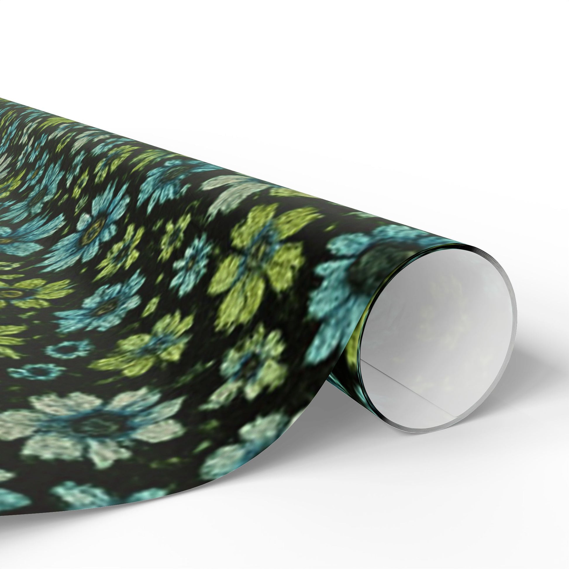 Teal and Green Daisy Floral Wrapping Paper on Black Background