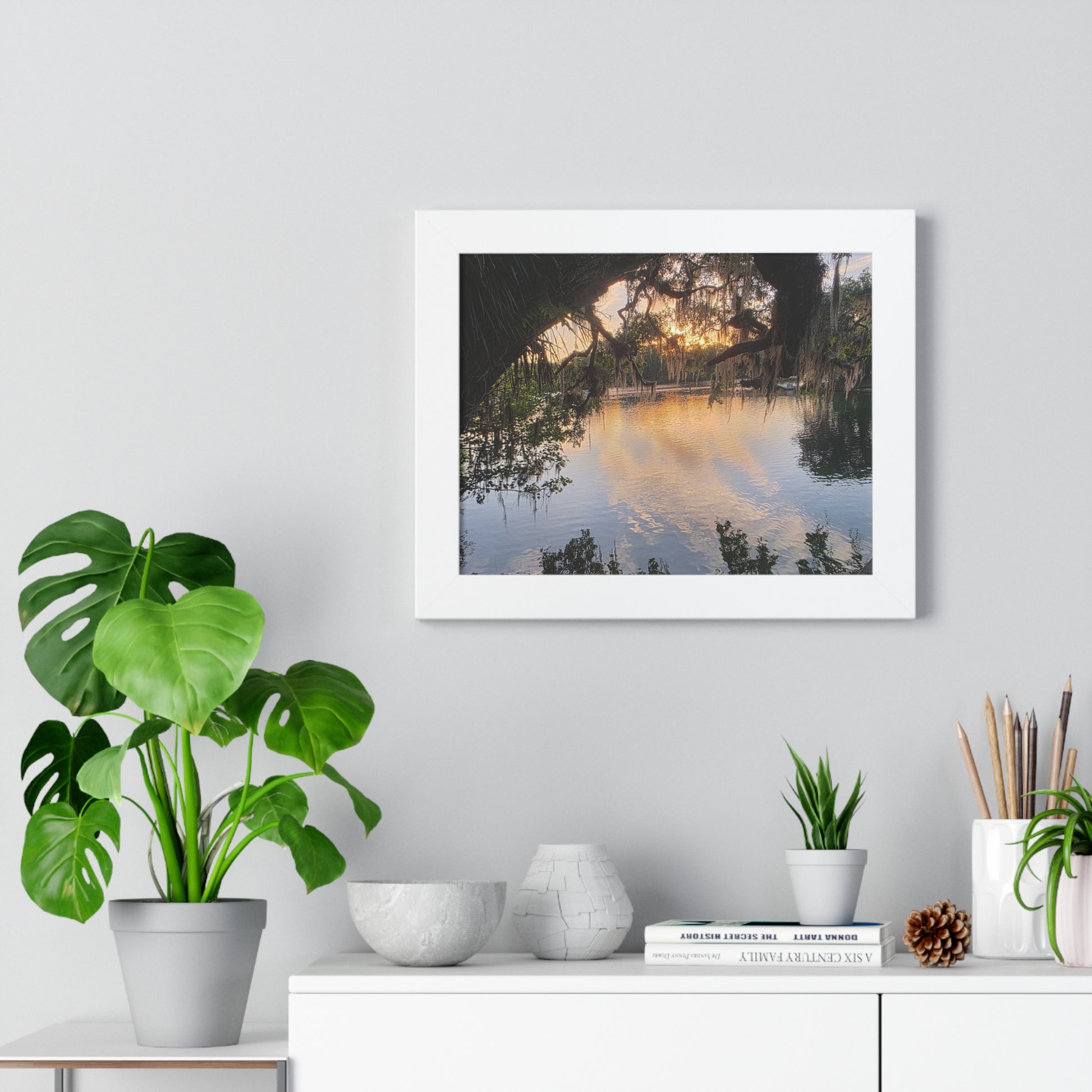 Serene Nature Framed Poster - Tranquil Sunset Reflection