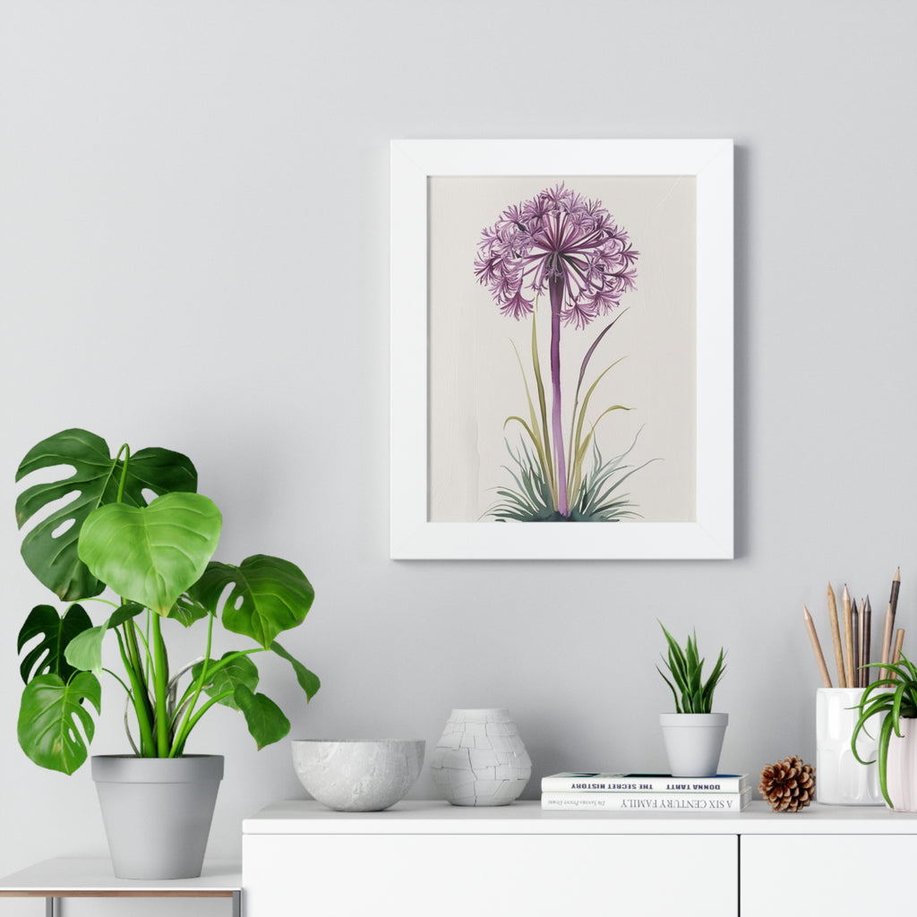 Purple Allium Framed Botanical Poster – Vertical Wall Art for Nature-Inspired Décor