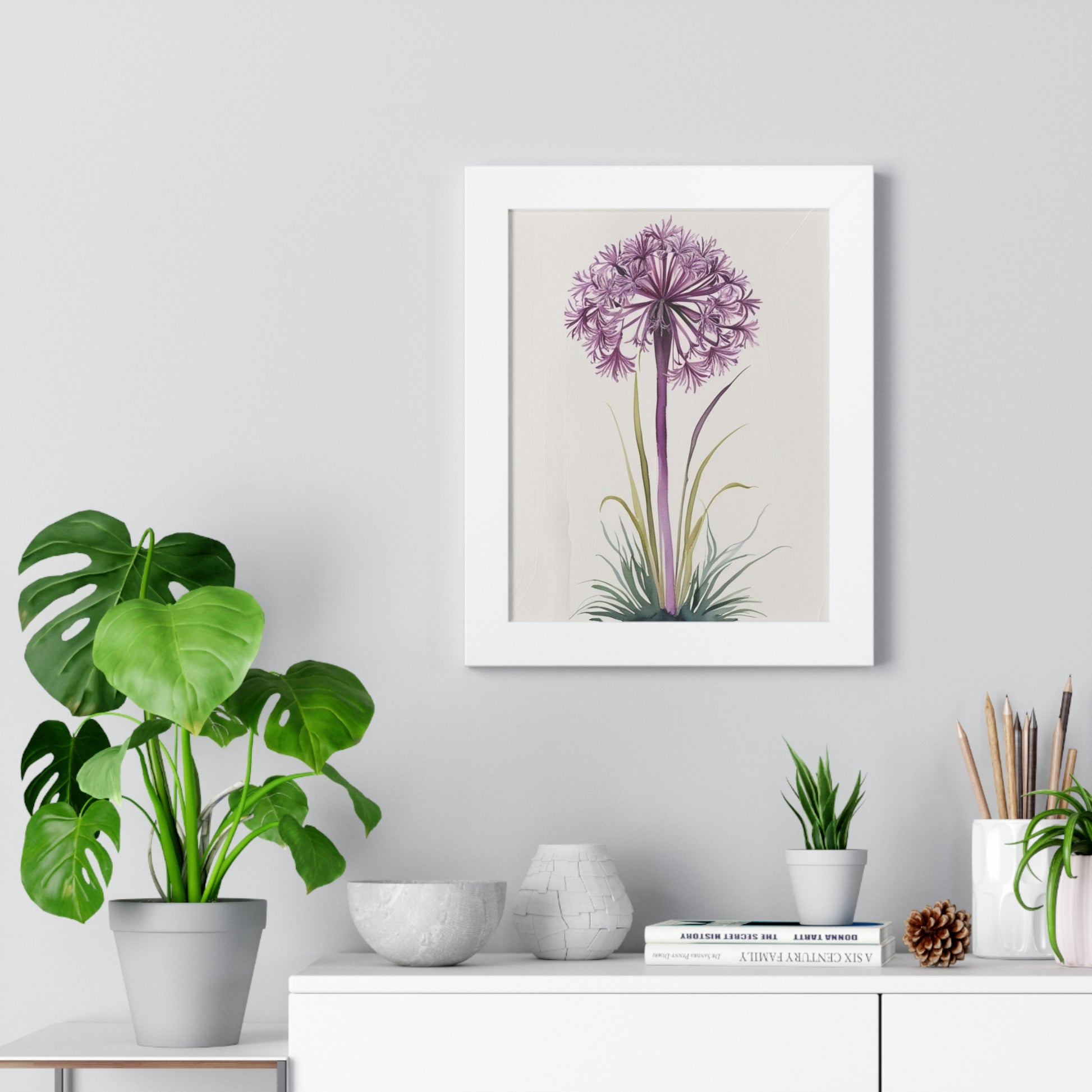 Purple Allium Framed Botanical Poster – Vertical Wall Art for Nature-Inspired Décor