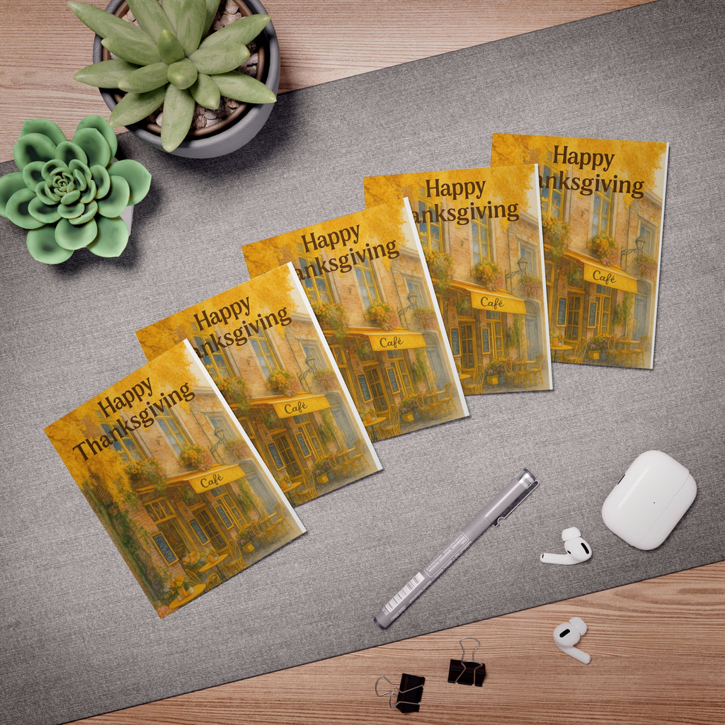 Happy Thanksgiving Greeting Cards (5-Pack) – Autumn Coffee Shop Scene – CoziNest Hollow 3