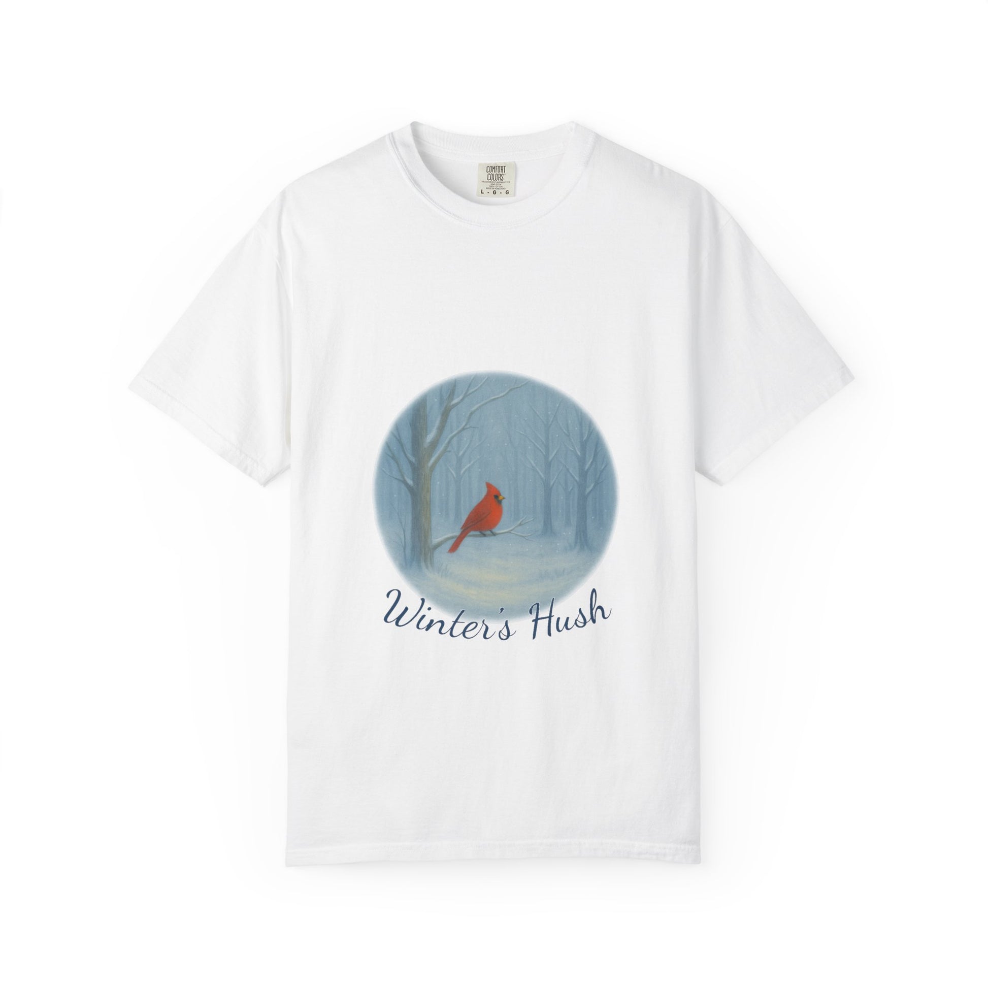 White t-shirt with a graphic of a cardinal in a snowy scene and 'Winter's Hush' text on a white background