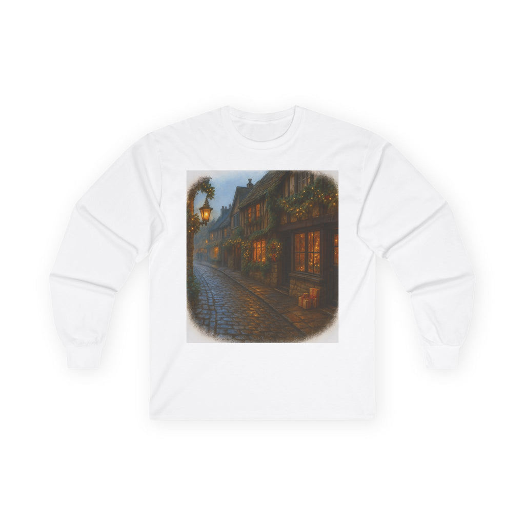 White sweatshirt with a printed design of a street scene on a white background