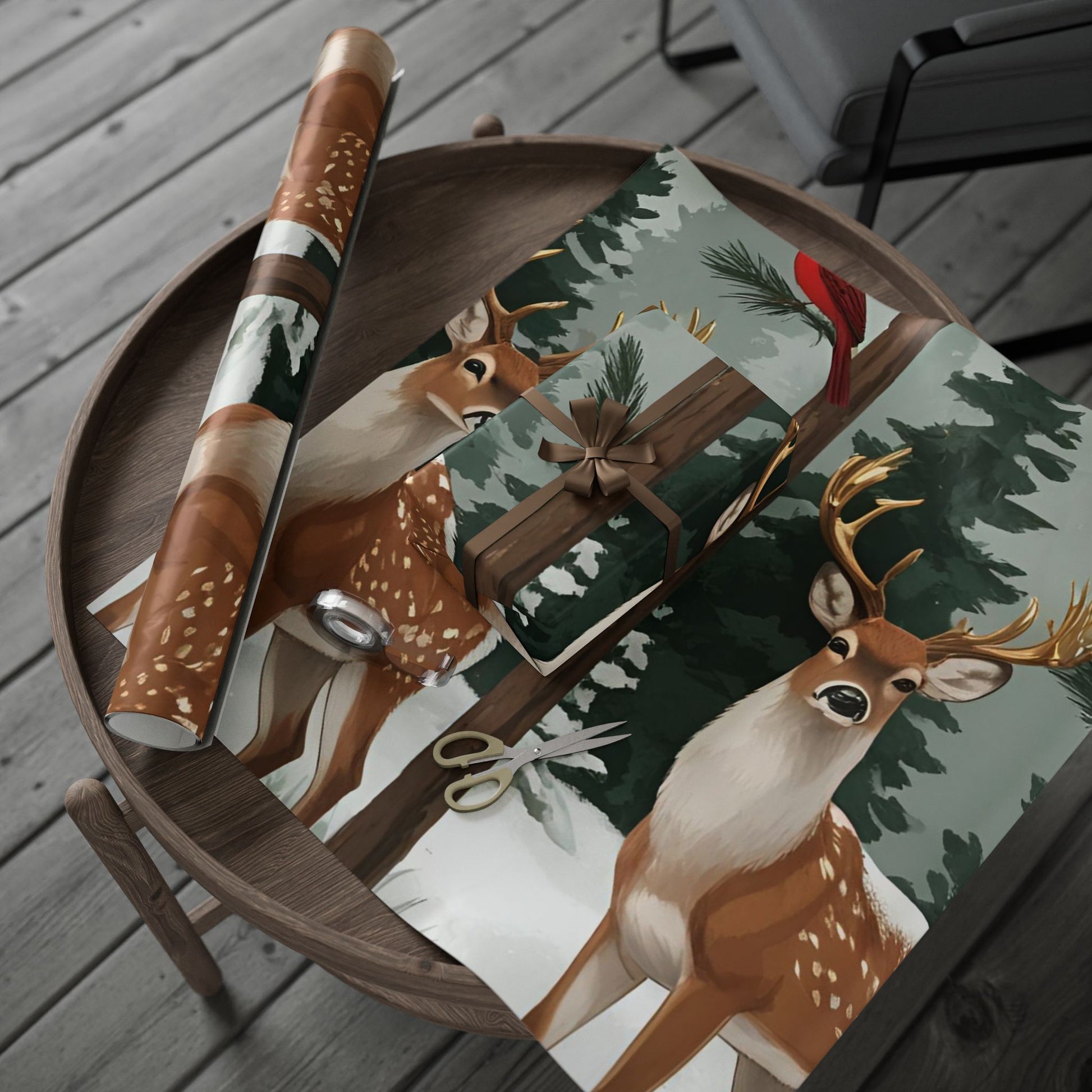 Large Print Festive Holiday Gift Wrap - Winter Deer & Cardinal Forest Wrapping Paper