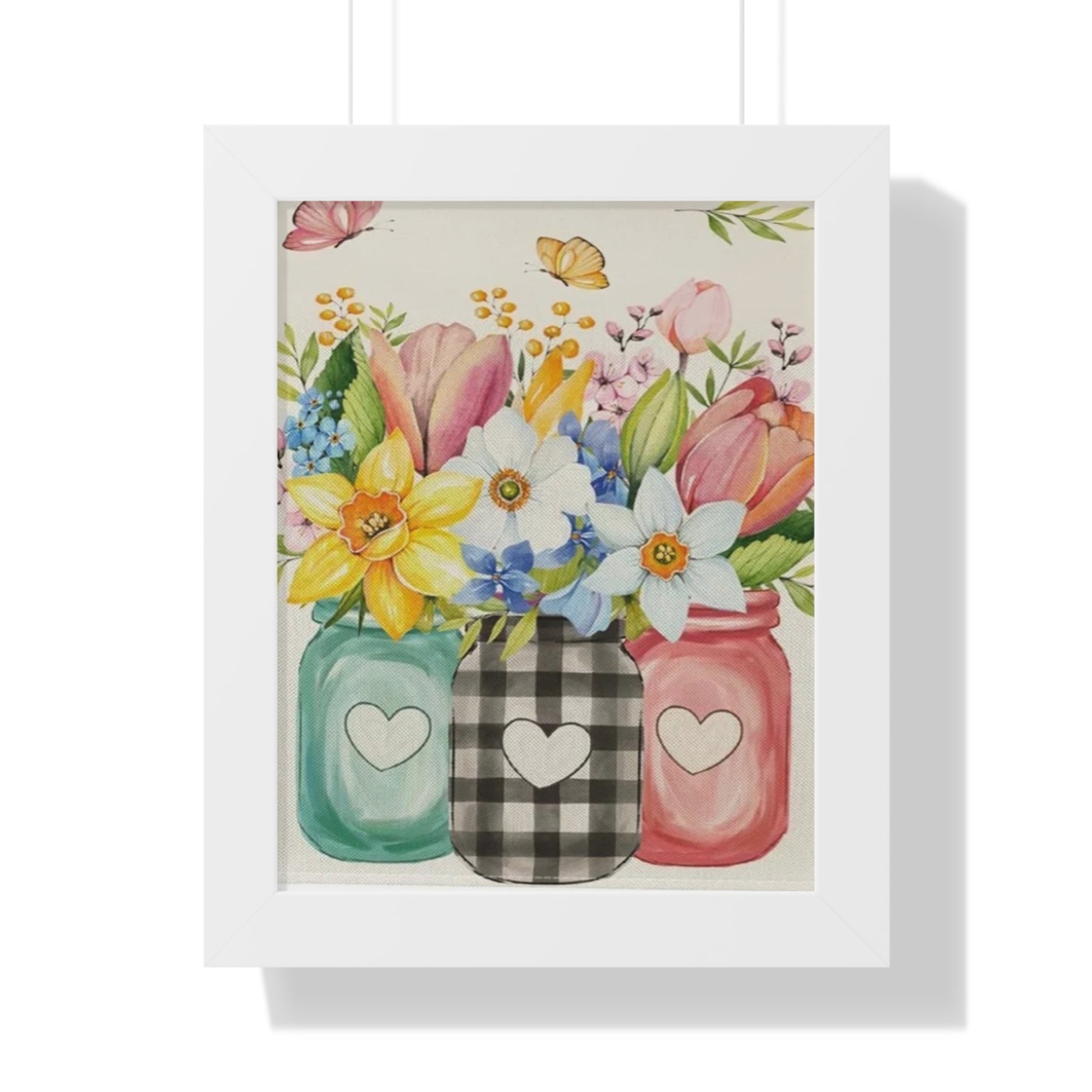 Spring Mason Jar Flower Print – Framed Farmhouse Wall Art with Daffodils & Tulips