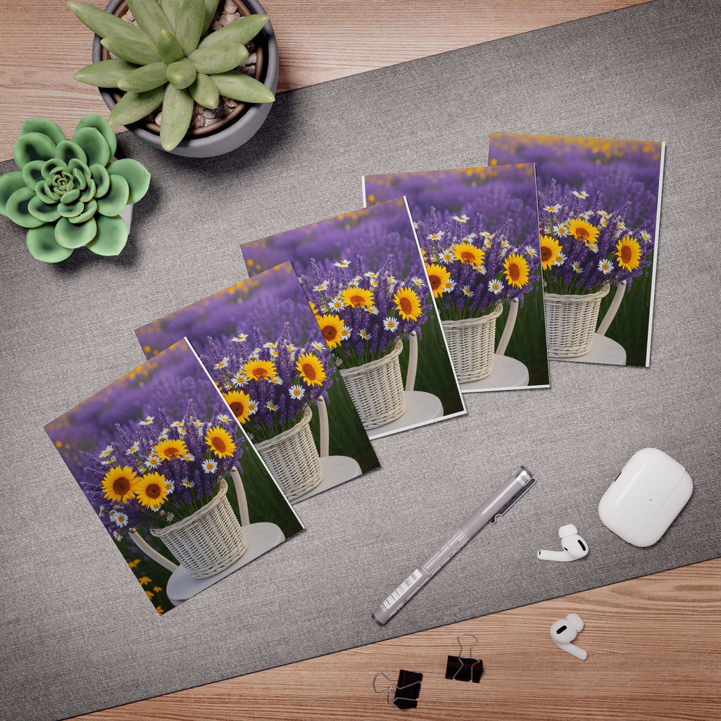Lavender Field Flower Basket Note Card – Sunflowers, Lavender & Daisies – Peaceful Summer Floral Greeting Card – Paper Pleasures