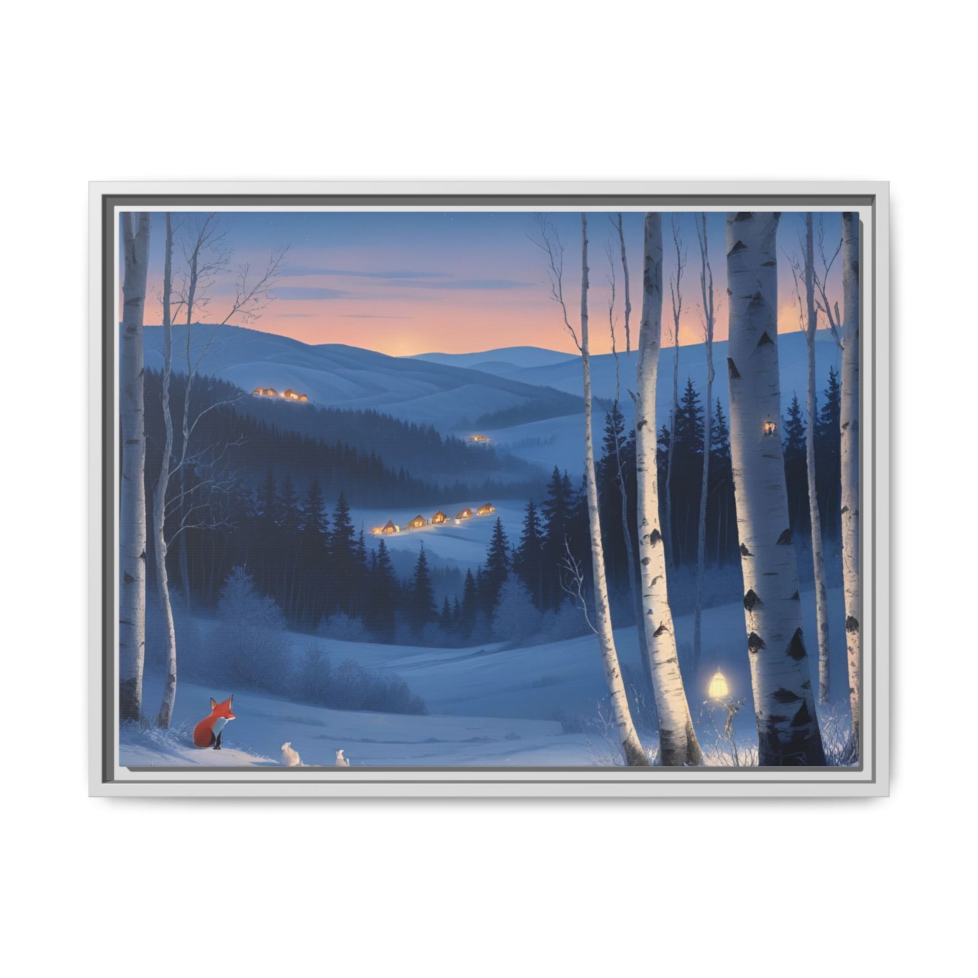 Snowy Forest Scene with Fox and Cabin Lights - Framed Winter Landscape Artwork