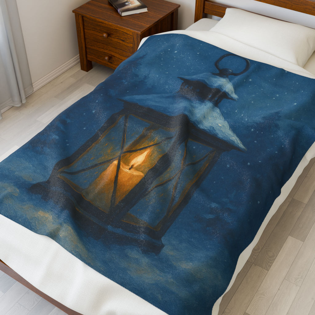 Winter’s Hush Blue Lantern Velveteen Plush Blanket – Cozy Winter Decor | Paper Pleasures