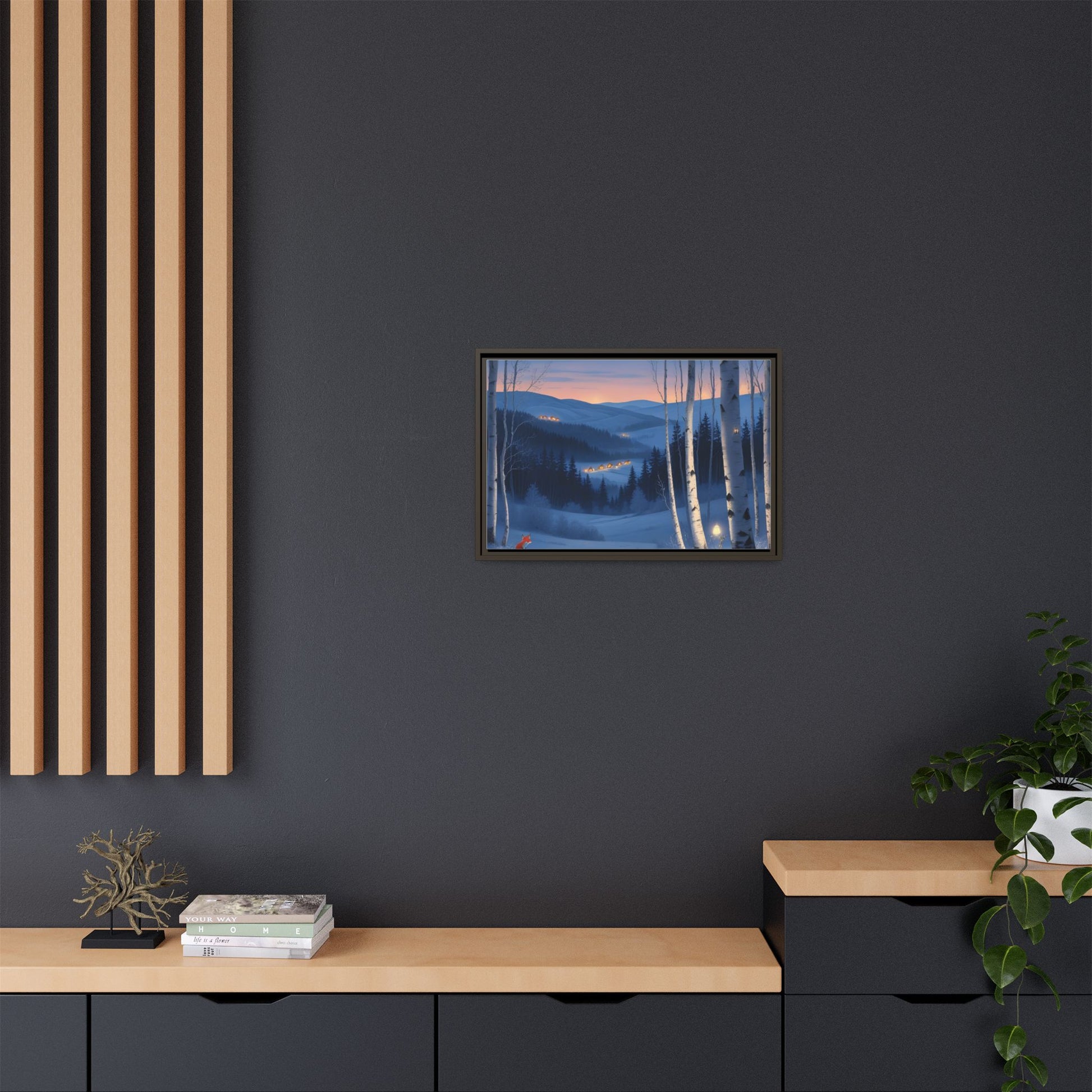 Snowy Forest Scene with Fox and Cabin Lights - Framed Winter Landscape Artwork