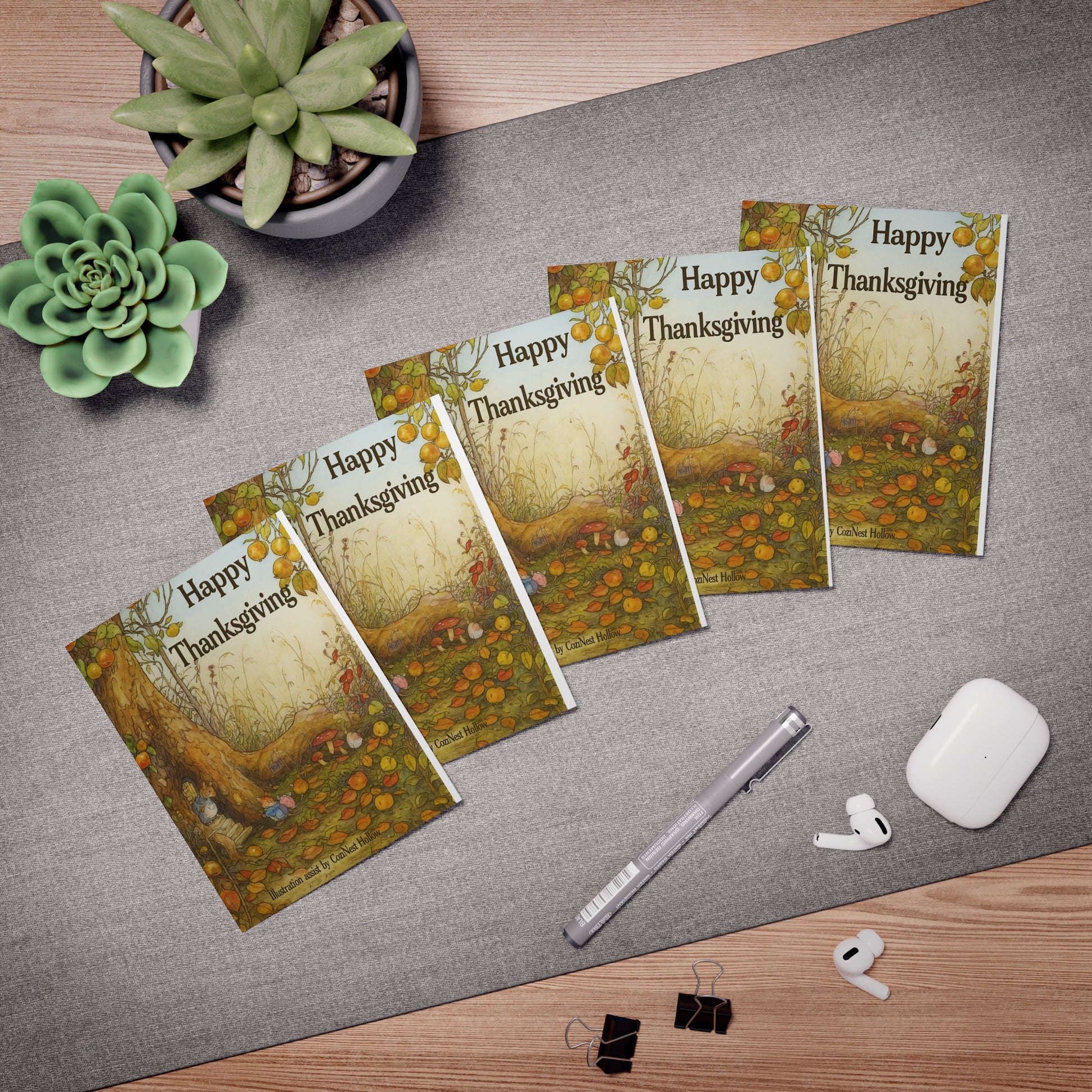 Happy Thanksgiving Mice Woodland Greeting Card – Cozy Autumn Treehouse Mice Illustration – CoziNest Hollow