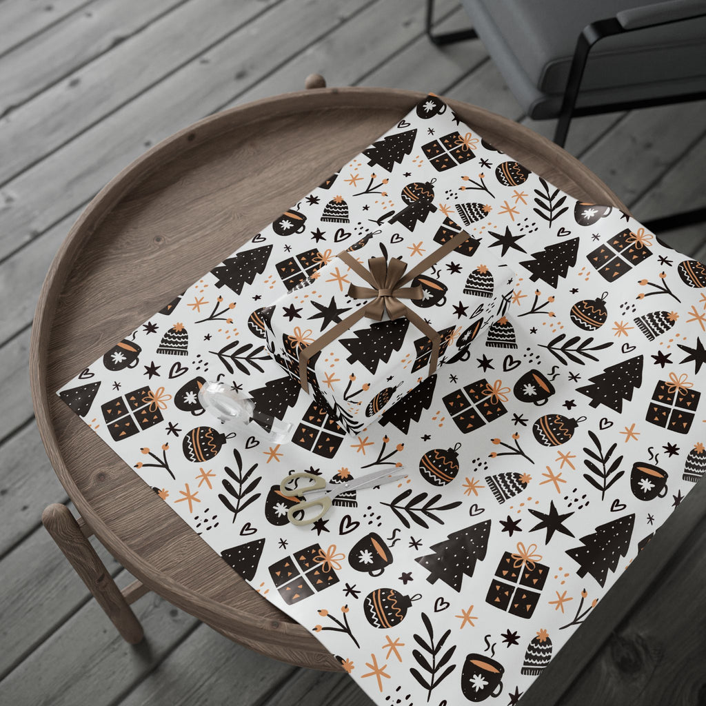 Cozy Cocoa Wrapping Paper – Warm Modern Holiday Gift Wrap - As Designer - Festive Holiday Wrapping Paper with Christmas Trees and Gifts