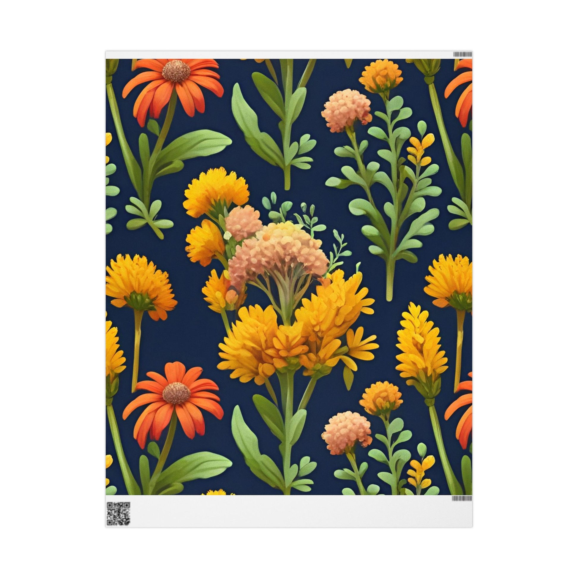 Golden Marigold and Coneflower Wrapping Paper – Elegant Wildflower Gift Wrap on Navy Background