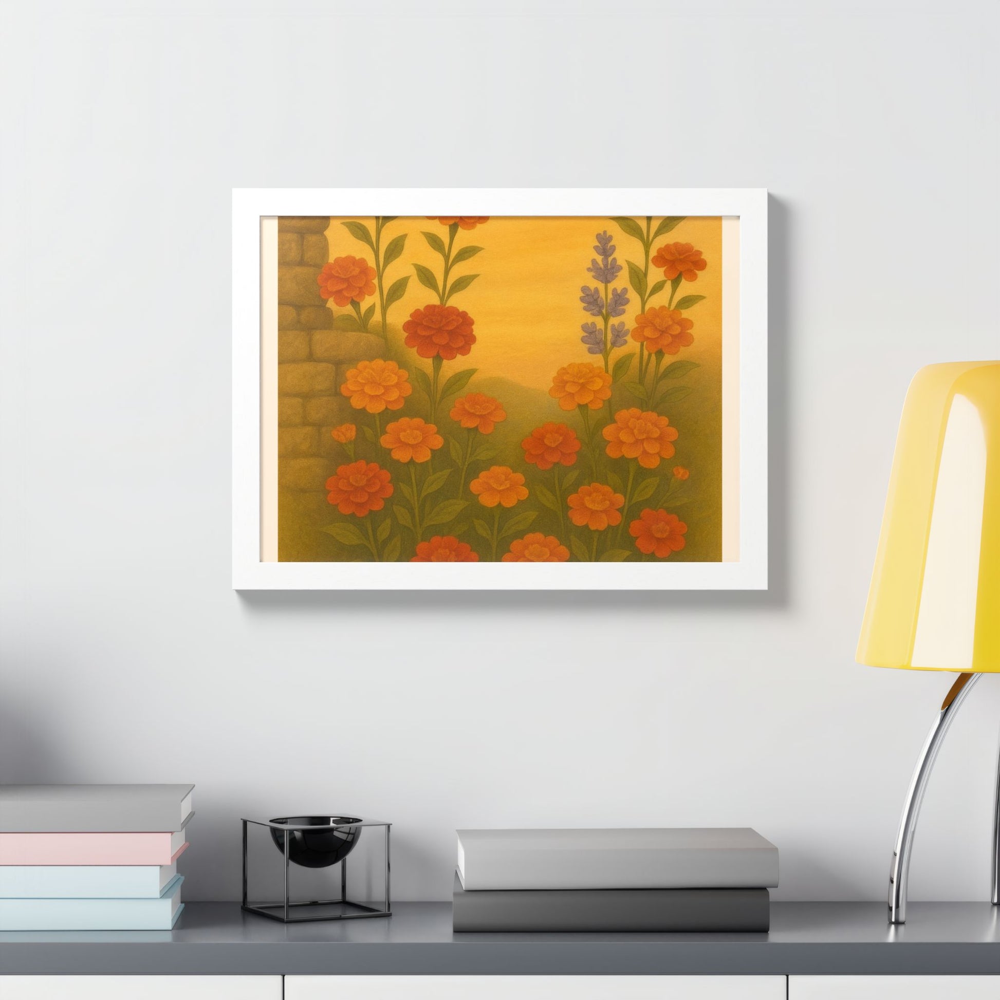 Golden Marigold Garden Framed Sunset Floral Wall Decor