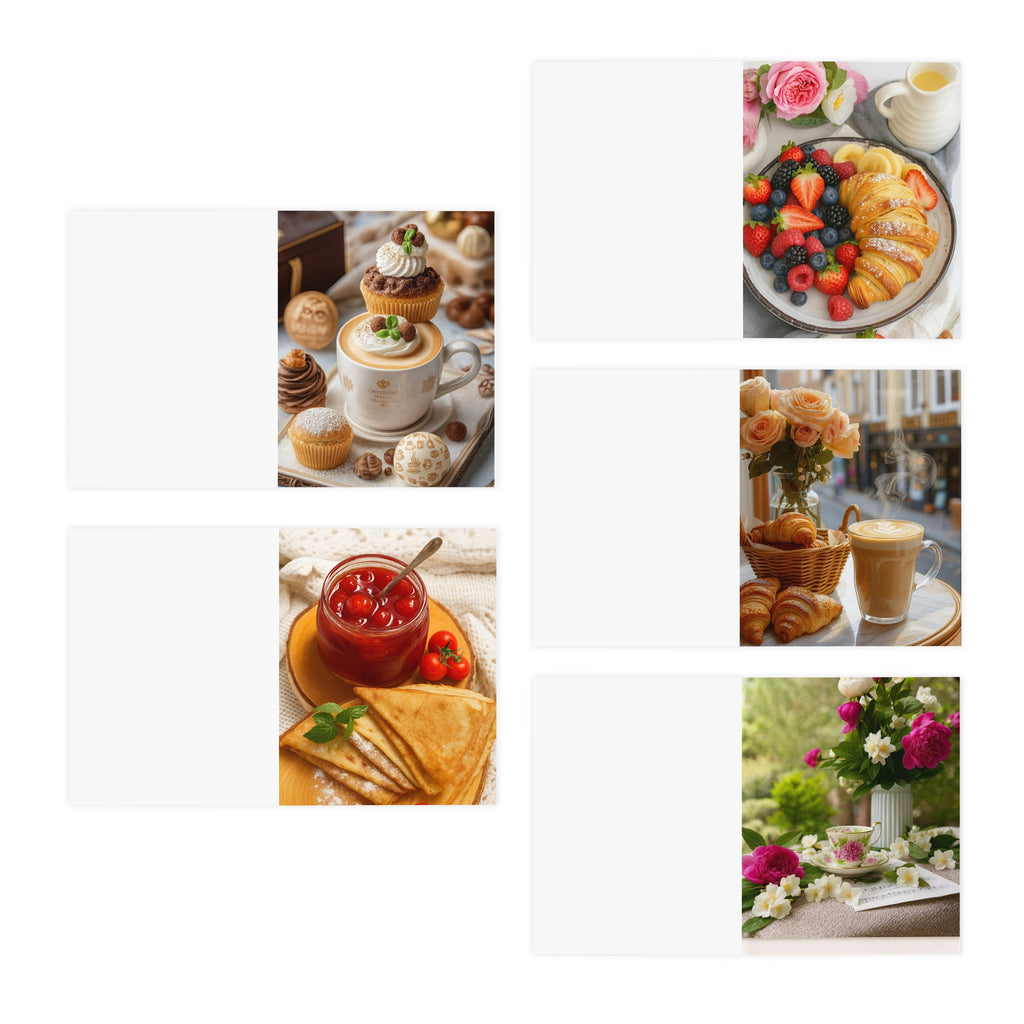 Spring & Café Moments Note Card Set – Pack of 5 – Elegant Floral, Breakfast & Coffee Scene Cards – Illustrations by Katalin Tõt – Paper Pleasures-Breakfast & Brunch Greeting Cards — 5-Pack Assortment (Fruit, Pastries, Tea, Coffee)