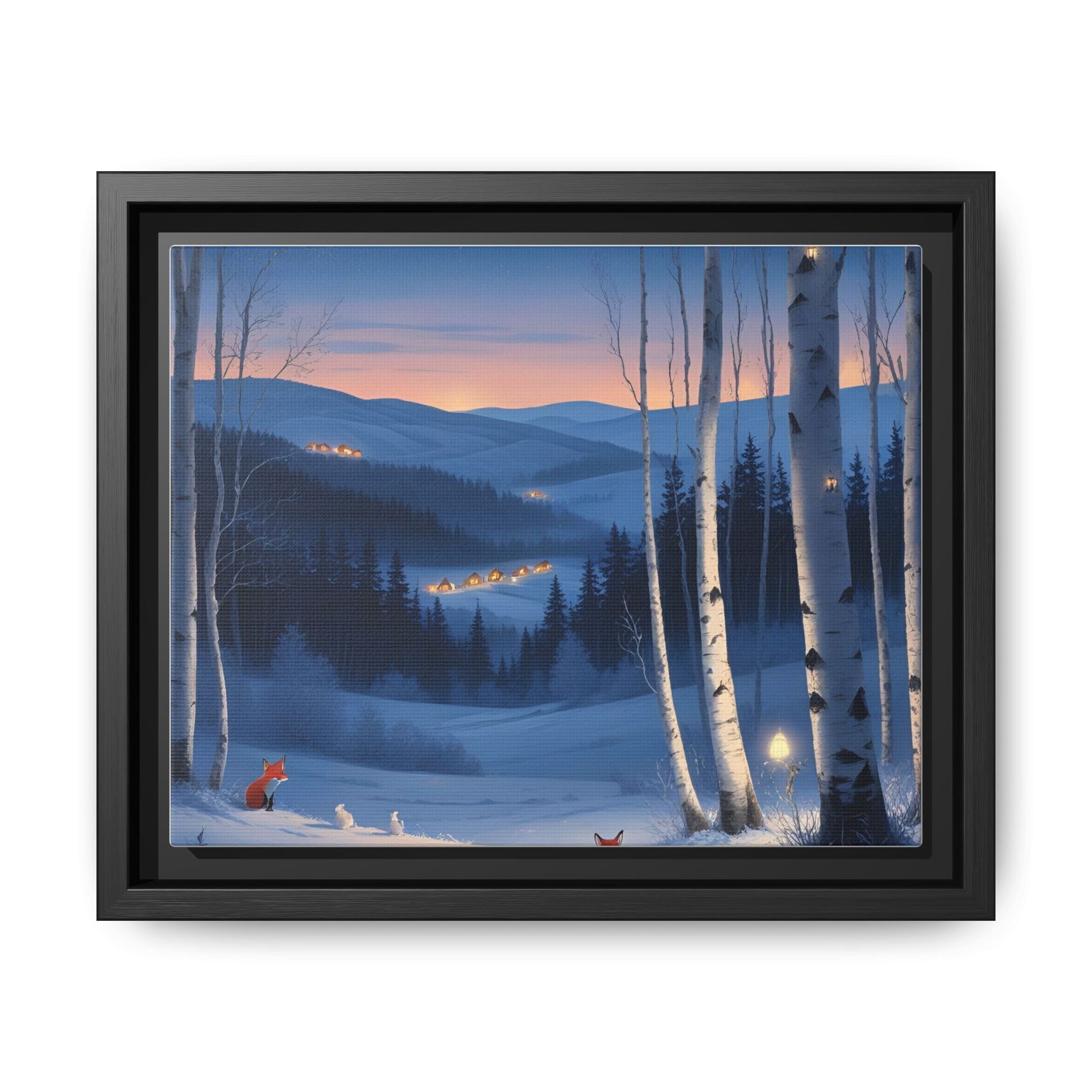 Snowy Forest Scene with Fox and Cabin Lights - Framed Winter Landscape Artwork