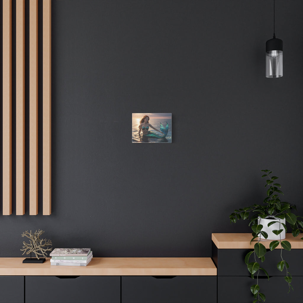 Mermaid at Sunset – Teal & Red Hair Canvas Wall Art, size 12"x9", Stretched, 1.25"