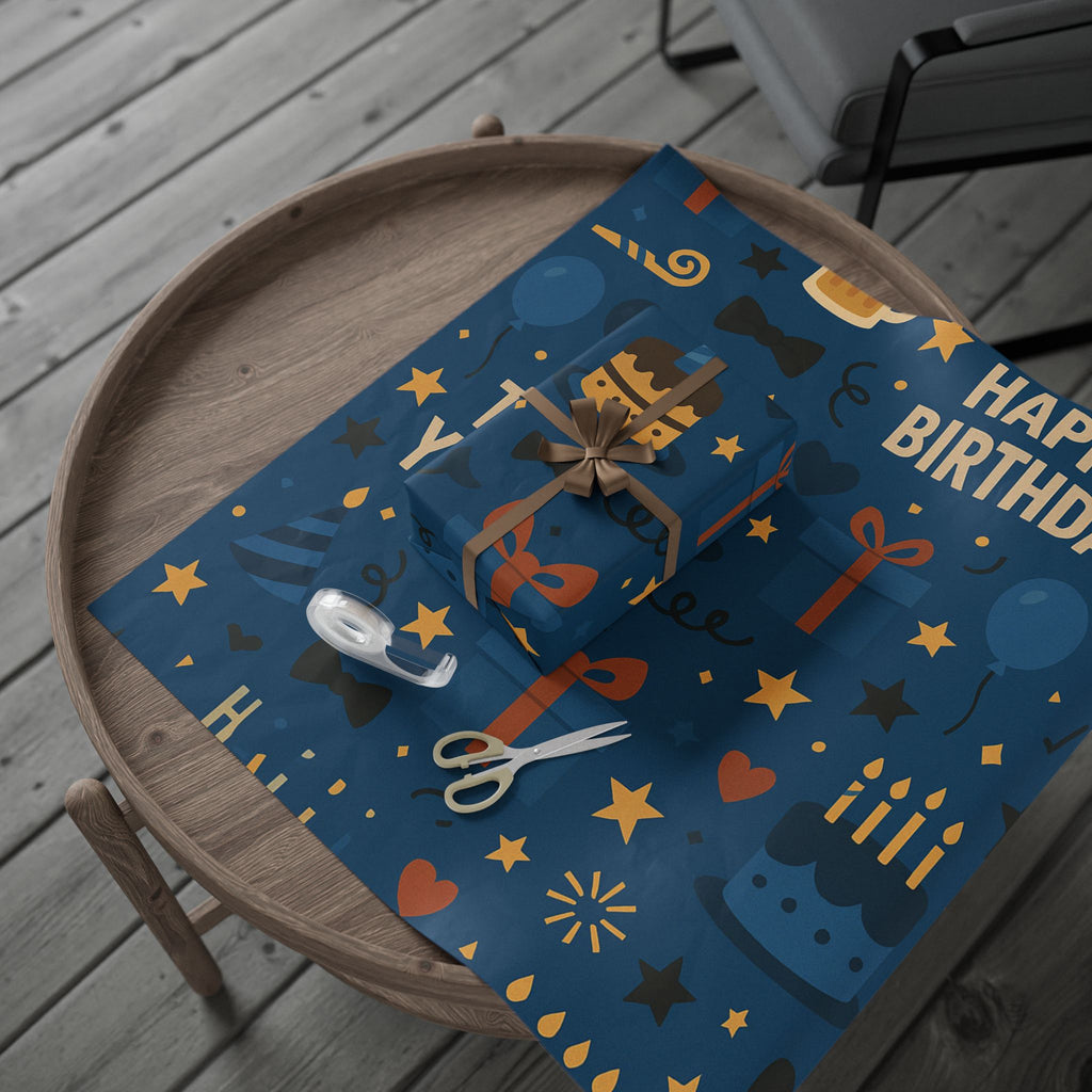 Happy Birthday Wrapping Paper – Navy Blue with Cakes, Gifts & Party Icons