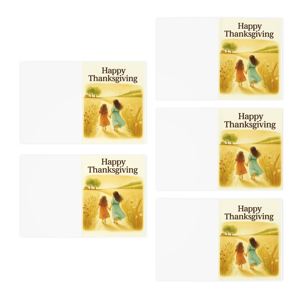 Happy Thanksgiving Greeting Cards (5-Pack) —  Country Path Greeting Card – Sisters Walking Through Autumn Fields – CoziNest Hollow 2