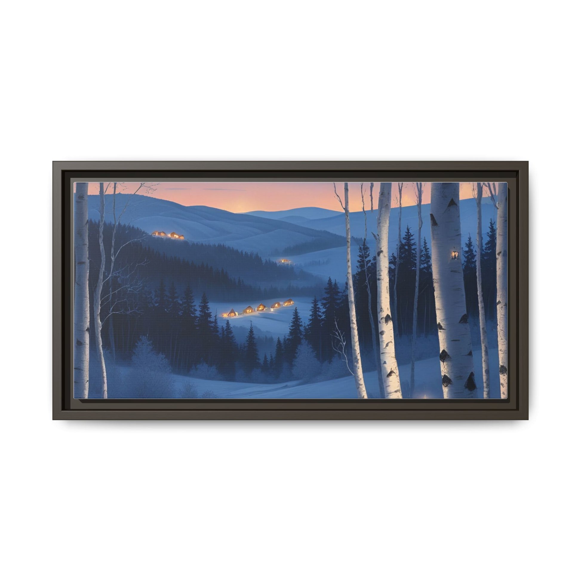 Snowy Forest Scene with Fox and Cabin Lights - Framed Winter Landscape Artwork
