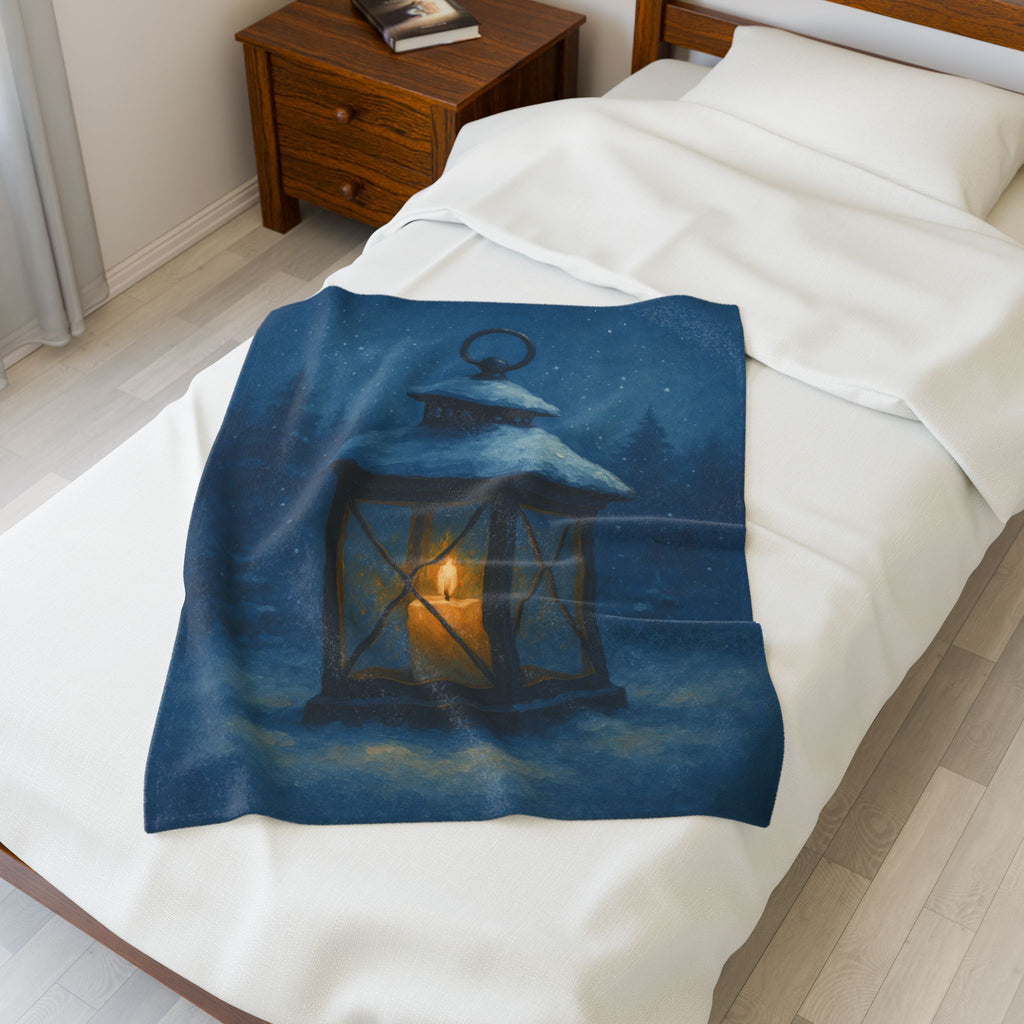 Winter’s Hush Blue Lantern Velveteen Plush Blanket – Cozy Winter Decor | Paper Pleasures