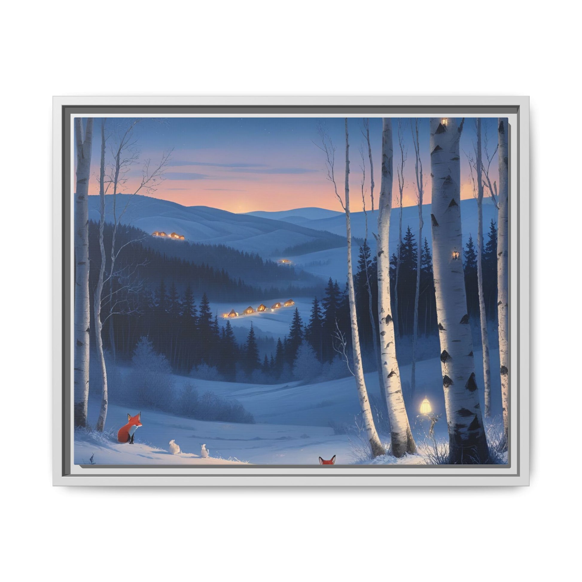 Snowy Forest Scene with Fox and Cabin Lights - Framed Winter Landscape Artwork