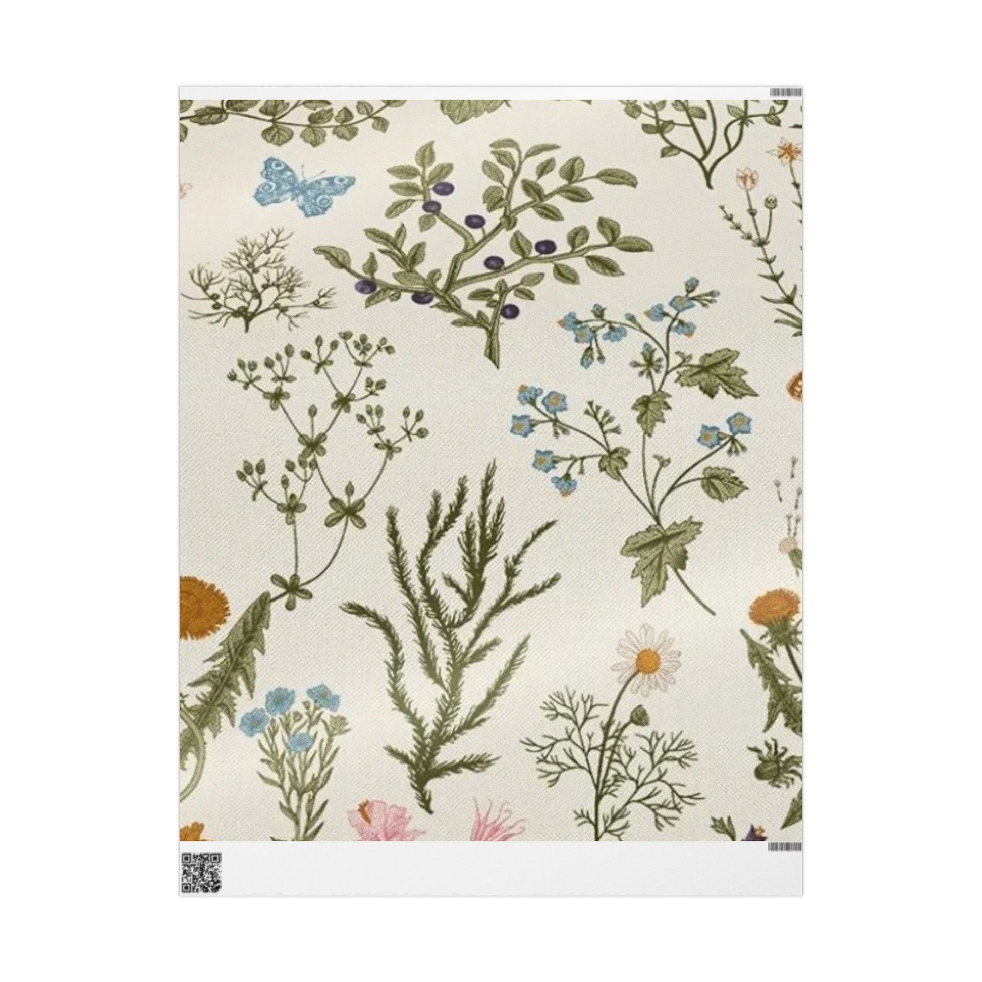 Botanical Garden Wrapping Paper with Wildflowers and Herbs on Cream