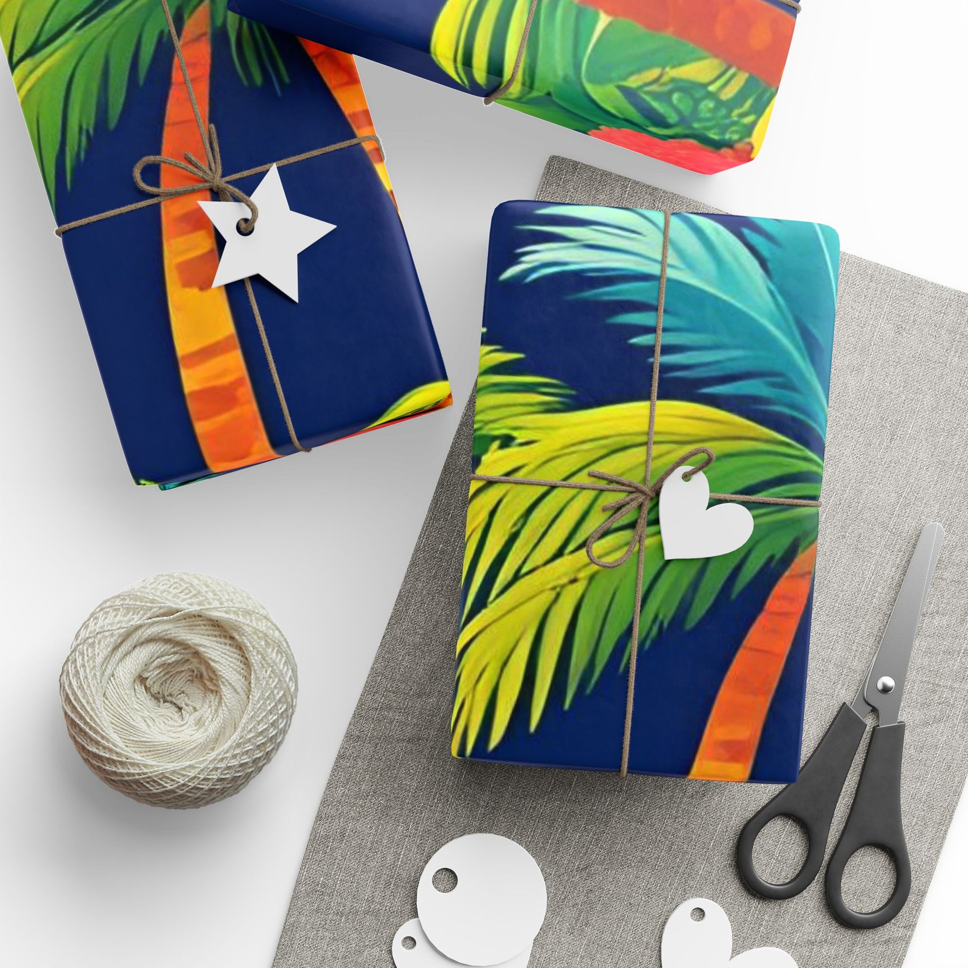 Colorful Palm Tree Wrapping Paper – Tropical Gift Wrap on Navy Blue Background