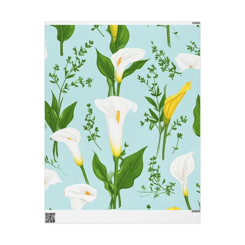 Yellow and White Calla Lilies Blooming Wrapping Paper – Blue Background