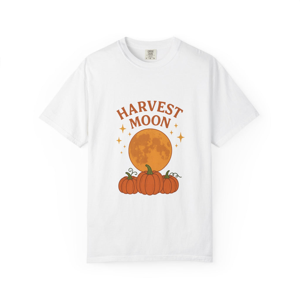 White t-shirt with 'Harvest Moon' and pumpkin design on a white background
