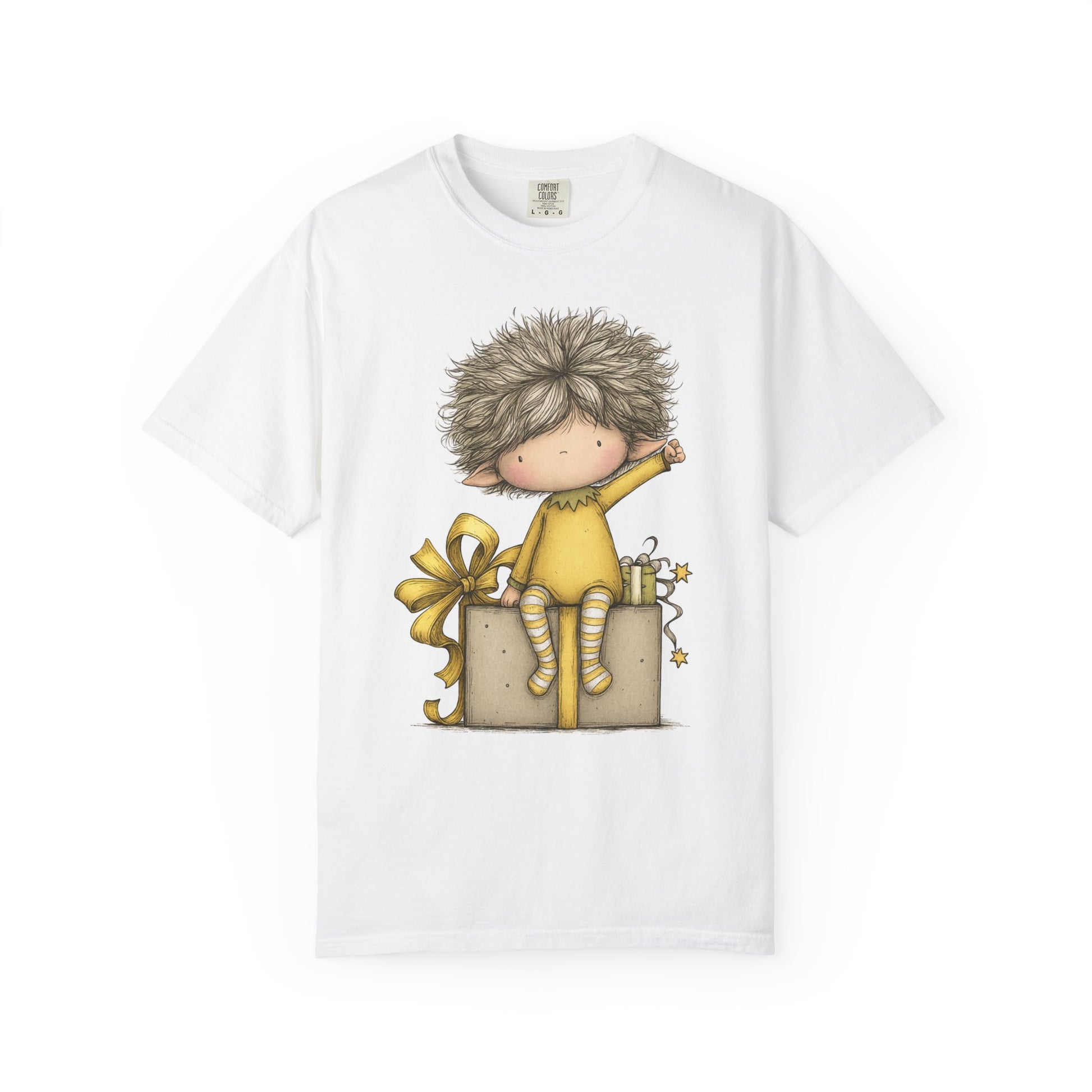 Christmas Elf on Gift Box T-Shirt – Whimsical Holiday Elf Shirt – Cute Christmas Gift Graphic Tee – Festive Cozy Apparel