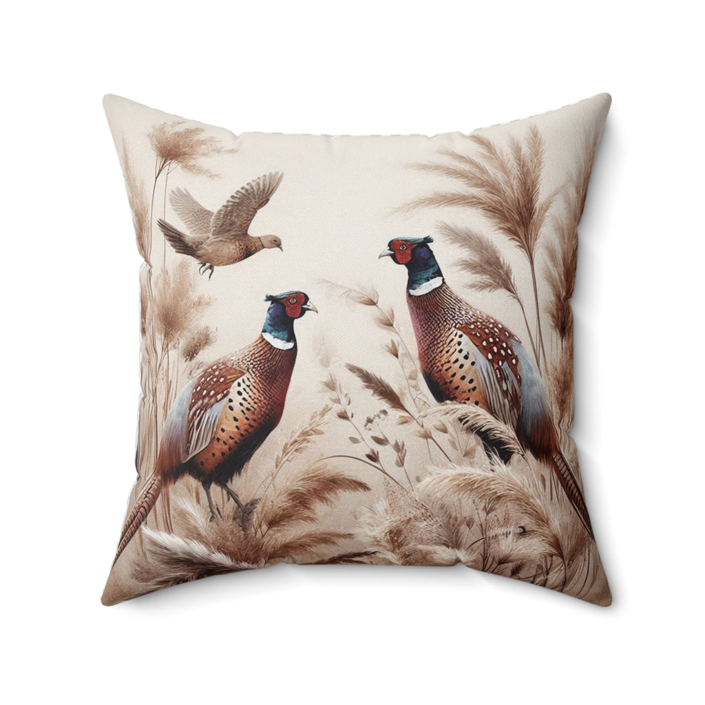 Fall Pillow with Pheasants – Nature-Inspired Decorative Cushion, Autumn Wildlife Home Accent Pillow