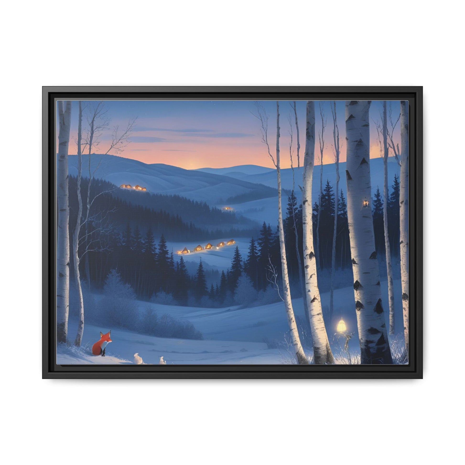 Snowy Forest Scene with Fox and Cabin Lights - Framed Winter Landscape Artwork