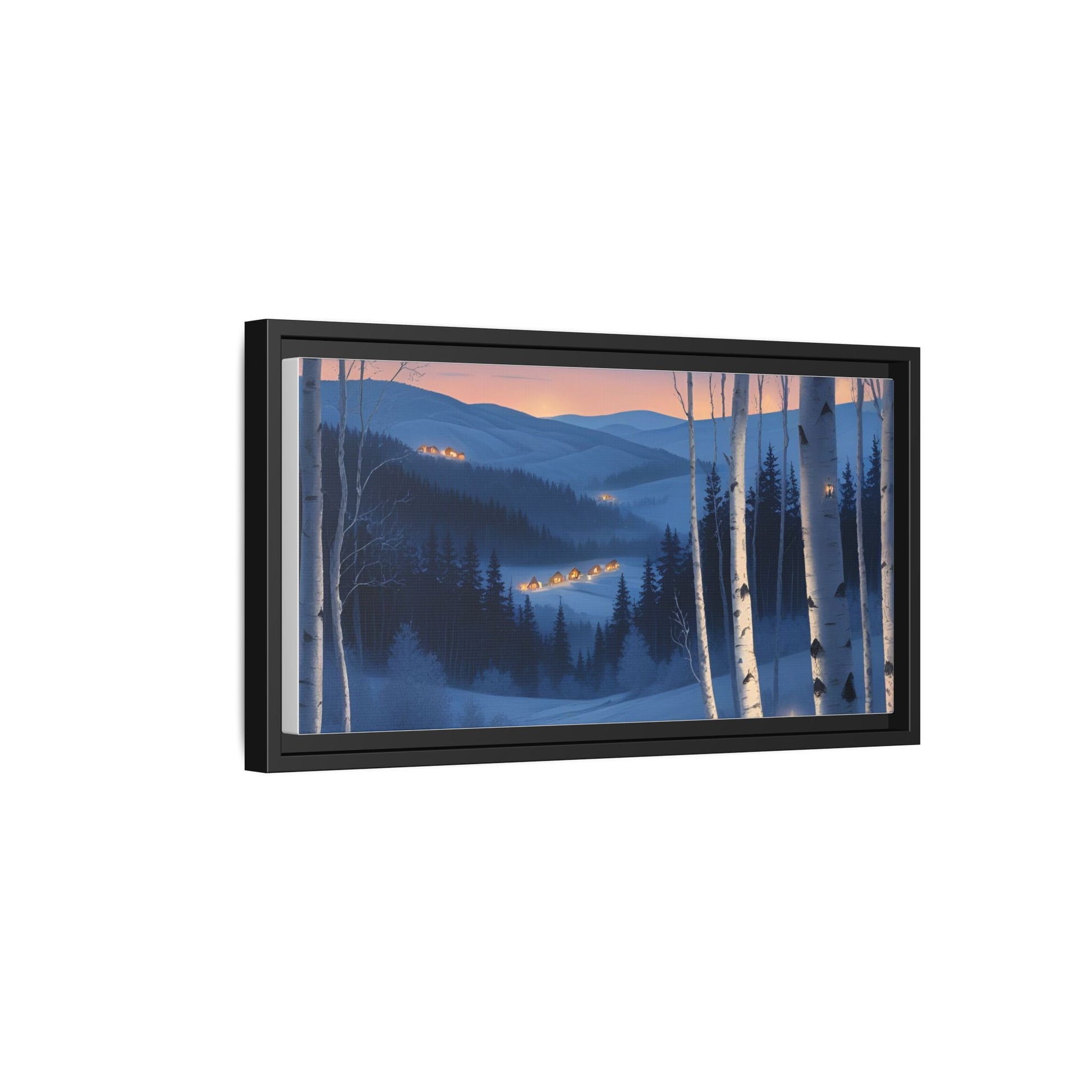 Snowy Forest Scene with Fox and Cabin Lights - Framed Winter Landscape Artwork