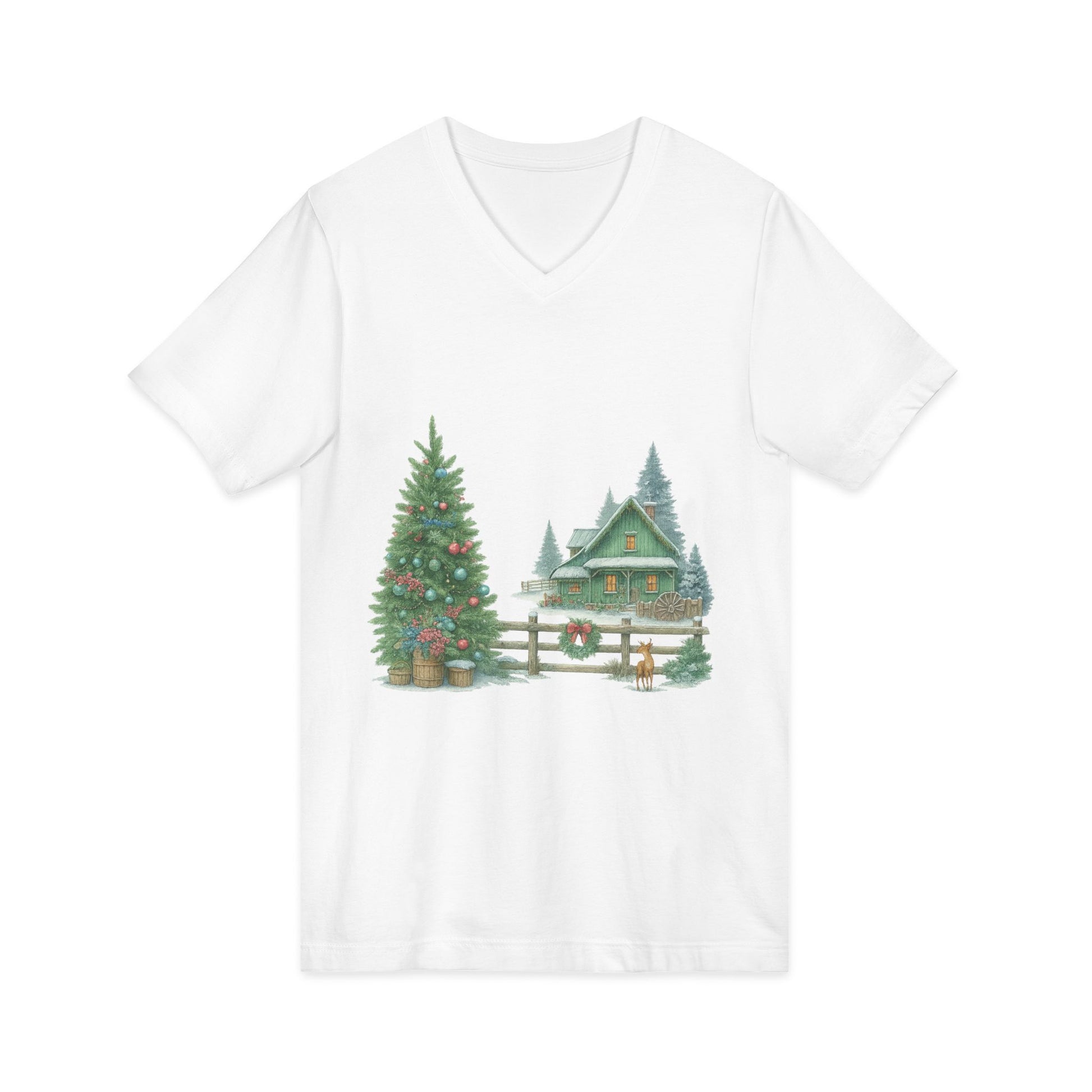 Cozy Christmas Cottage T-Shirt – Watercolor Winter Tree & Cabin Scene – Holiday Shirt for Women – Illustrated by Yvonne van der Kamp-Dulkis