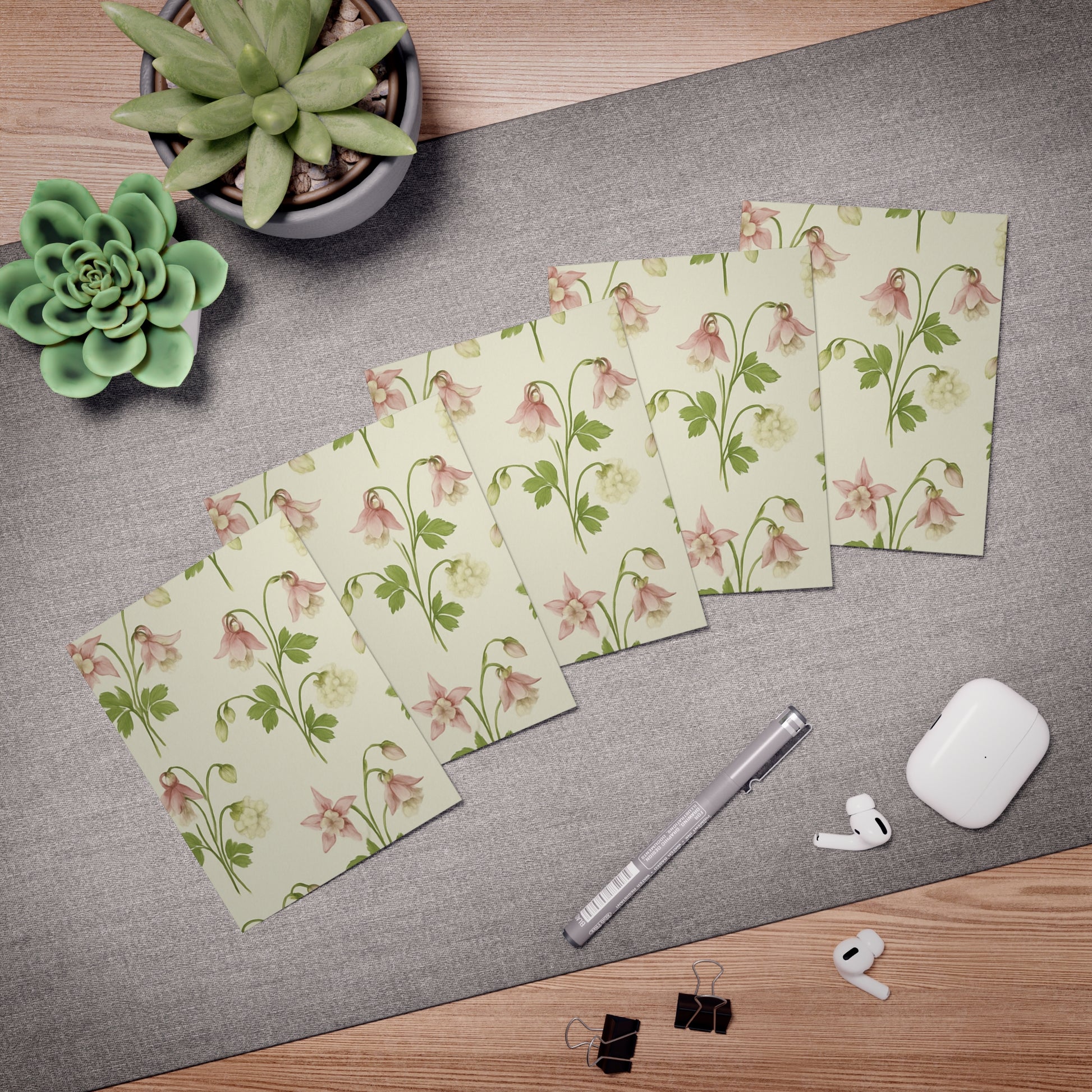 Elegant Pink Columbine Flower Note Cards – Botanical Blank Stationery Set