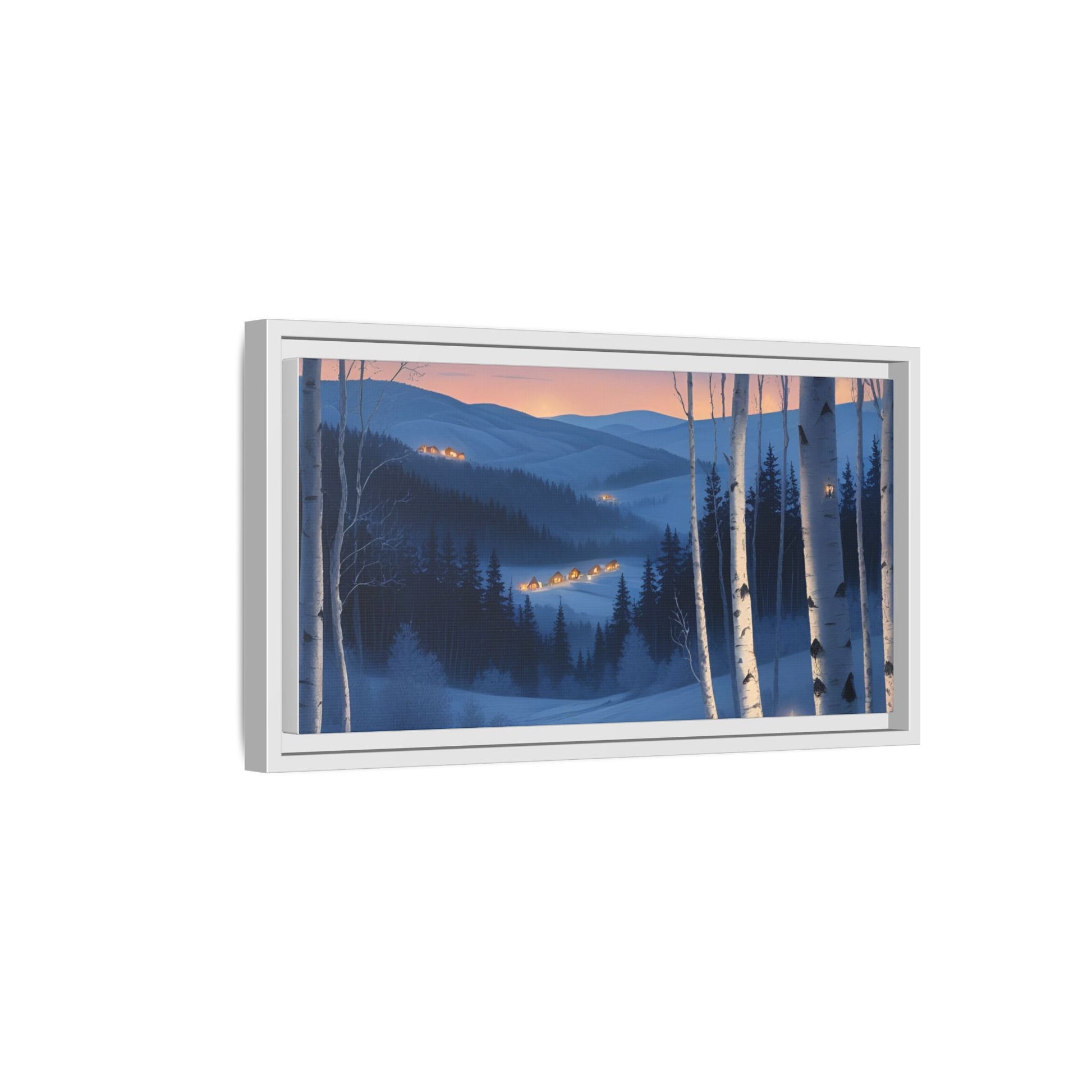Snowy Forest Scene with Fox and Cabin Lights - Framed Winter Landscape Artwork