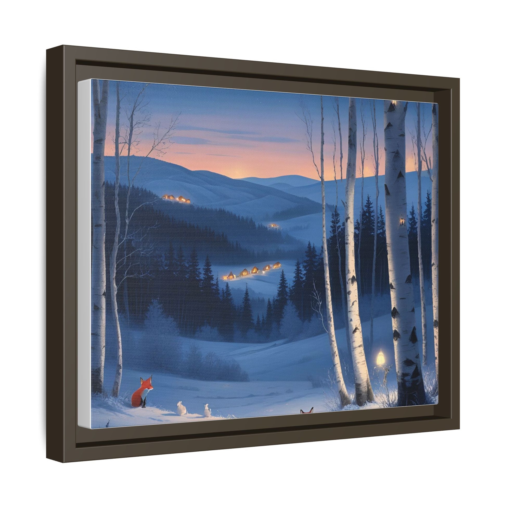 Snowy Forest Scene with Fox and Cabin Lights - Framed Winter Landscape Artwork